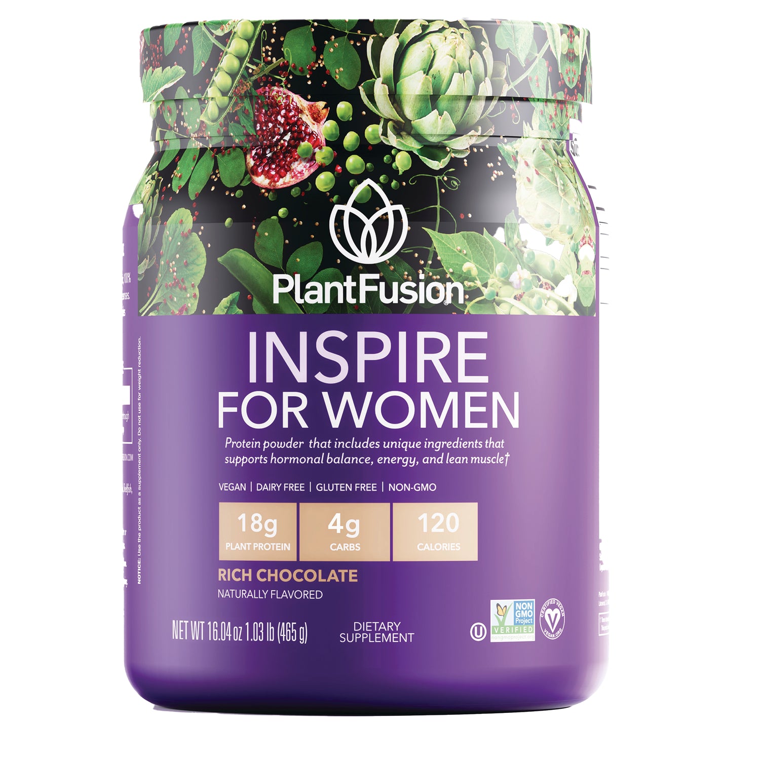 PFU029 | PlantFusion Inspire for Women rich chocolate plant protein powder tub with purple label
