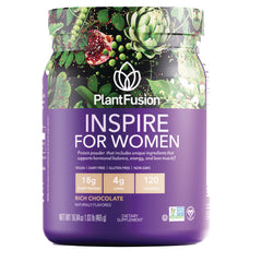 PFU029 | PlantFusion Inspire for Women rich chocolate plant protein powder tub with purple label