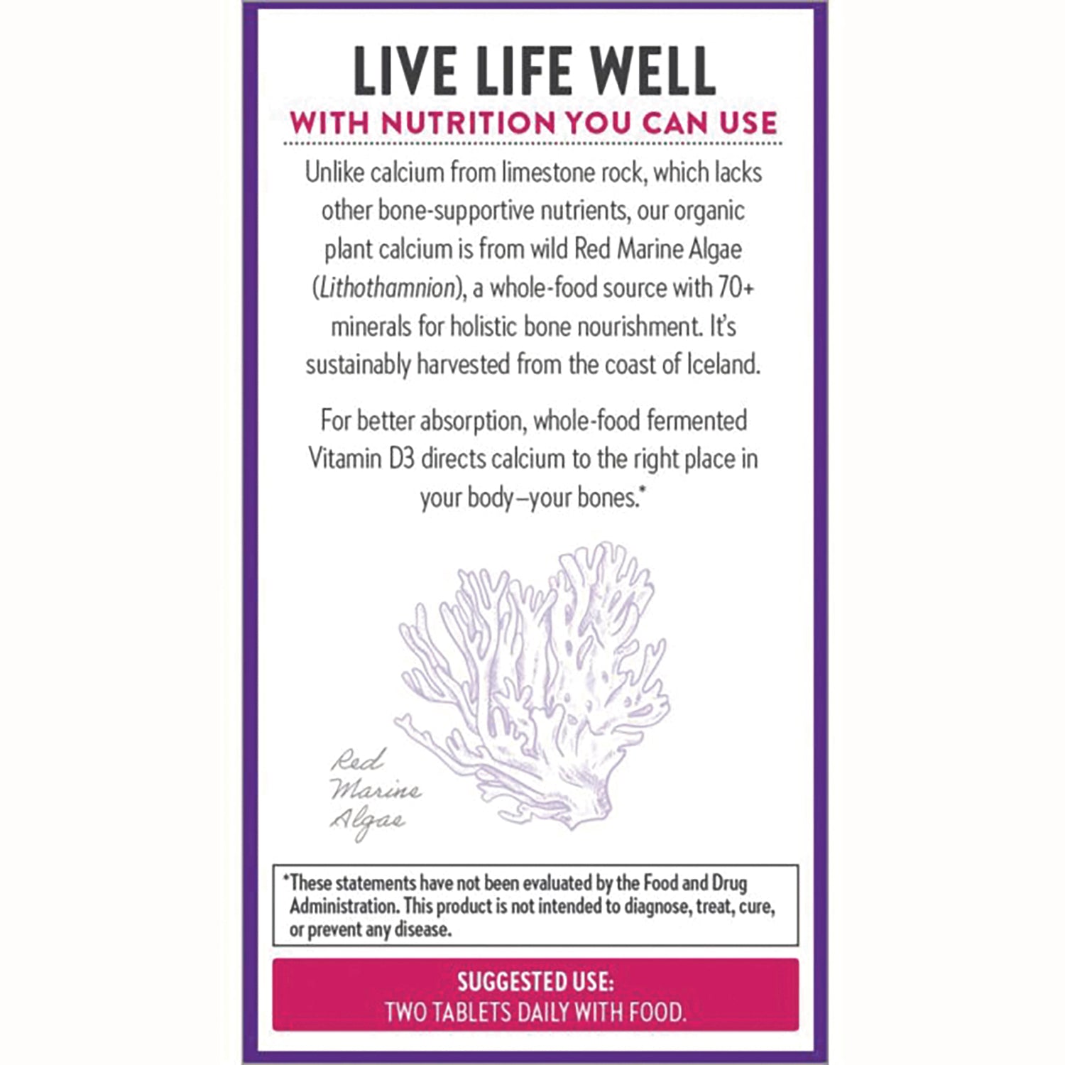 NWC376 | Back panel with product claims about red marine algae, harvesting, and suggested use two tablets daily