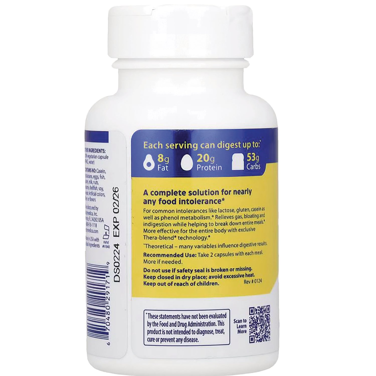 EMD049 | back label infographic on white supplement bottle showing digestion limits 8g fat, 20g protein, 53g carbs and recommended use