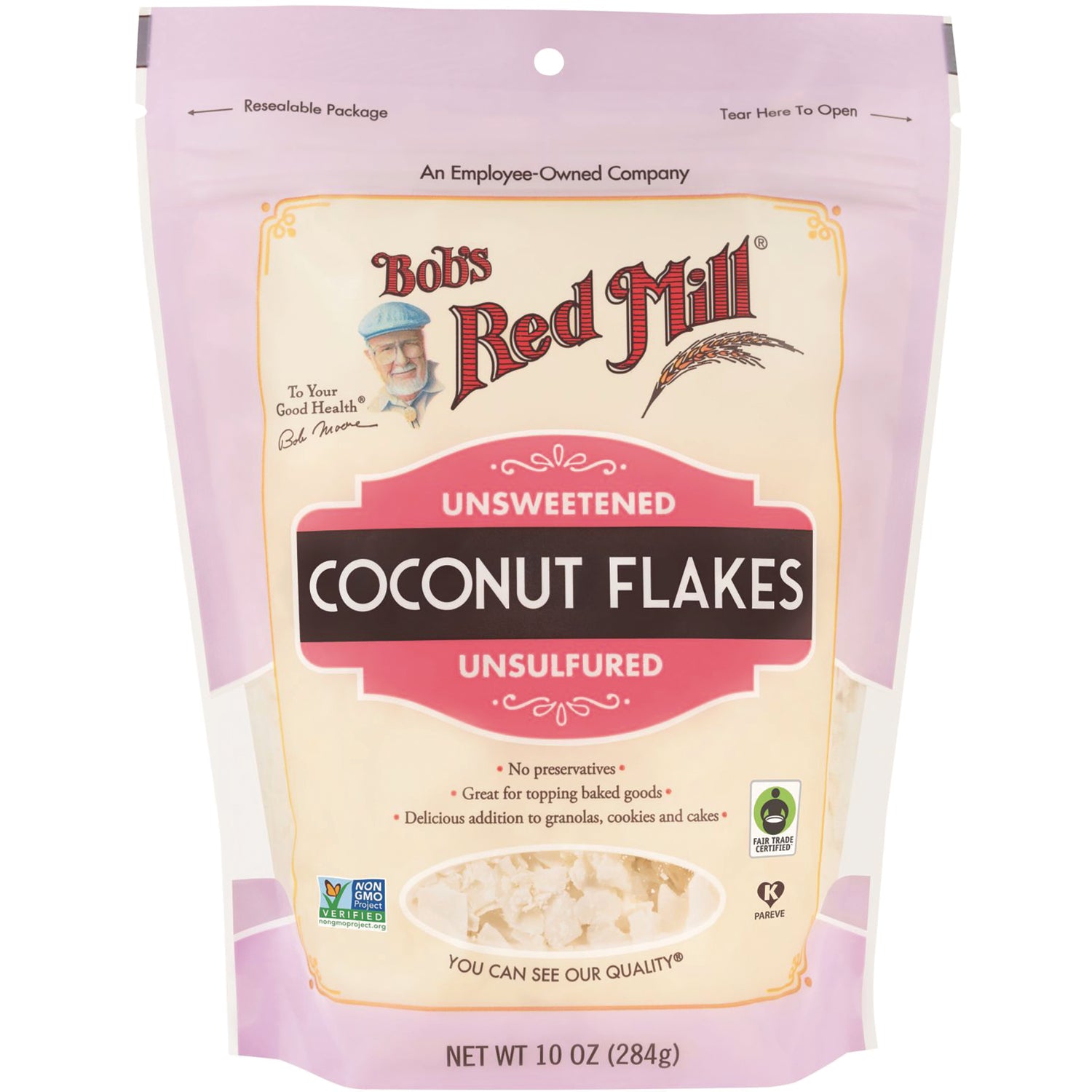 BOB284 | Bob's Red Mill unsweetened coconut flakes bag front showing product name and 10 oz net weight