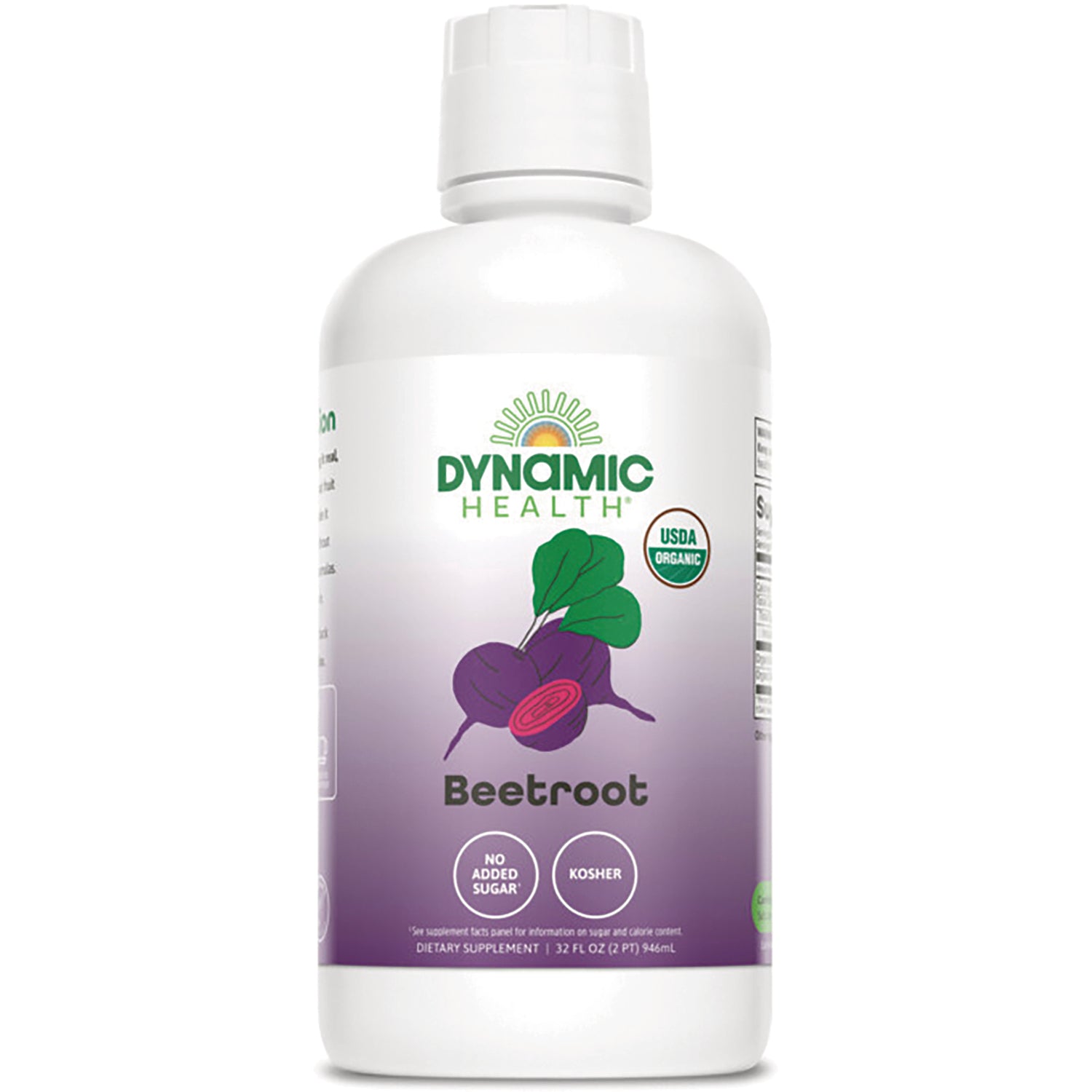 DYH021 | Dynamic Health beetroot dietary supplement bottle with purple label showing USDA ORGANIC, no added sugar, kosher