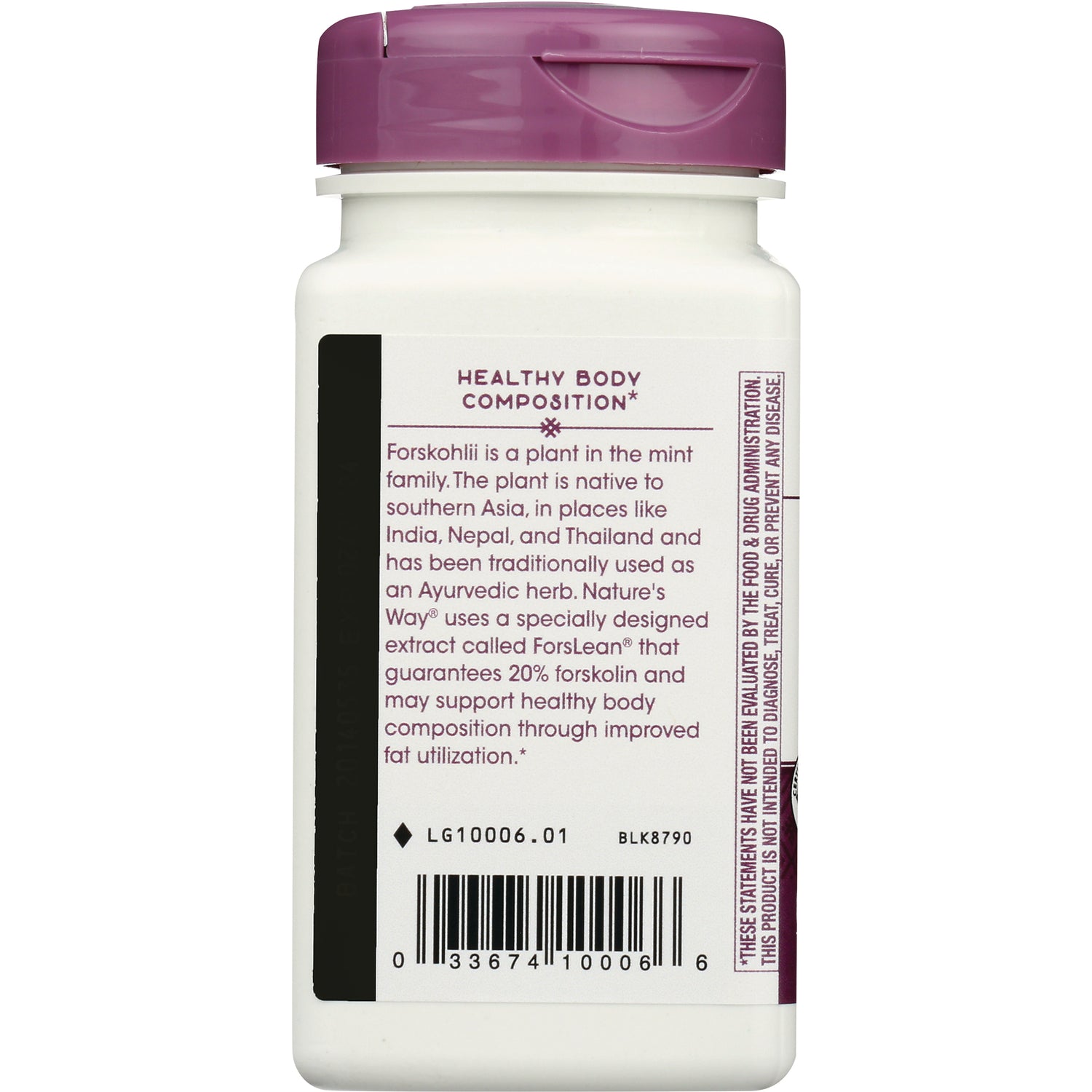 NW868 | Back label of white supplement bottle showing HEALTHY BODY COMPOSITION text, product description and barcode