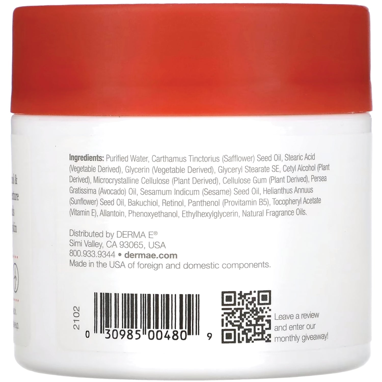 DE005 | Back of white jar with red lid showing ingredients list, distributor information, barcode and QR code