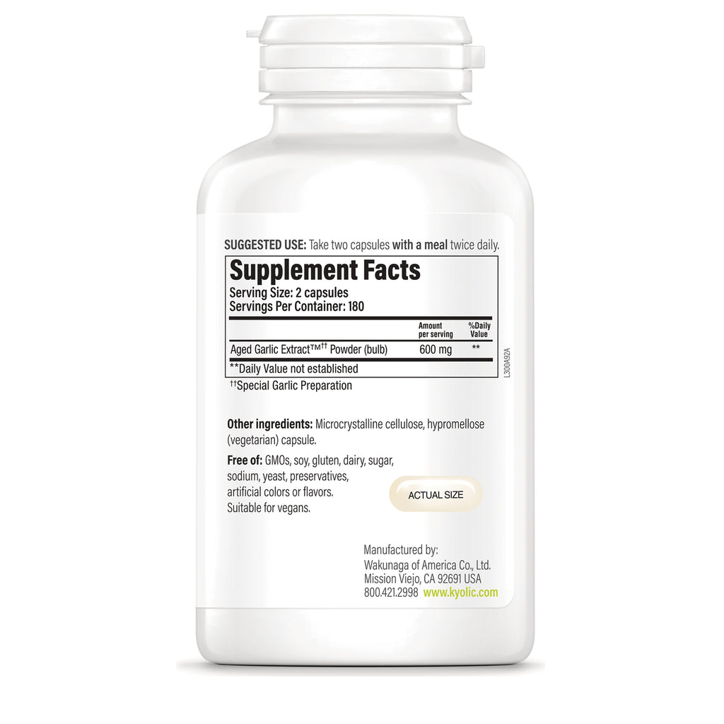 KY146 | Back of supplement bottle showing Supplement Facts panel, serving size 2 capsules, aged garlic extract 600 mg, other ingredients - Thumbnail