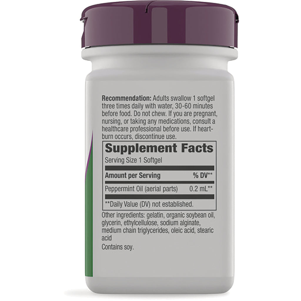 NW564 | Back of white supplement bottle showing Supplement Facts panel and directions, peppermint oil 0.2 mL - Thumbnail
