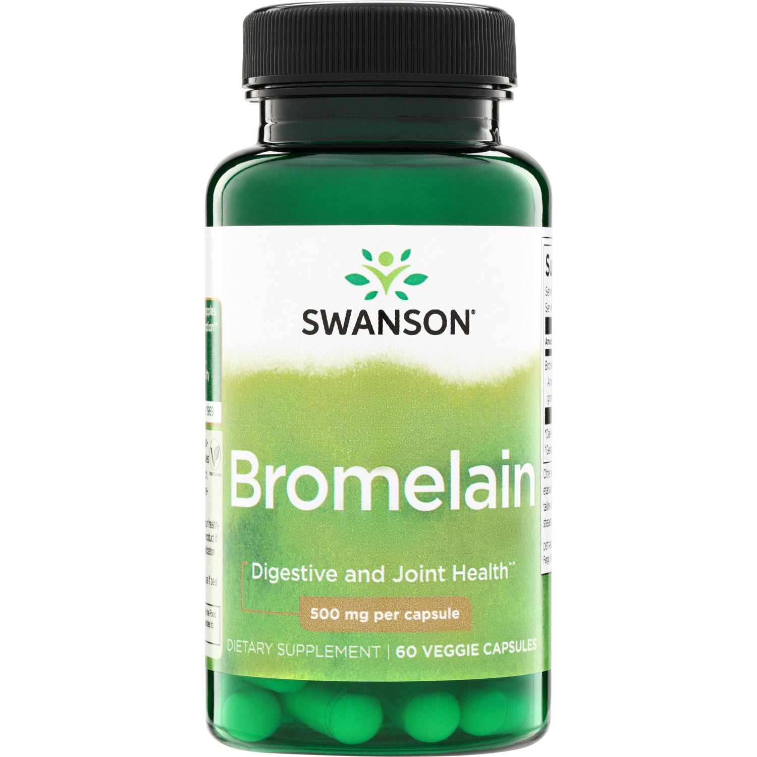SWU820 | Swanson Bromelain supplement bottle, 500 mg per capsule, 60 veggie capsules, Digestive and Joint Health