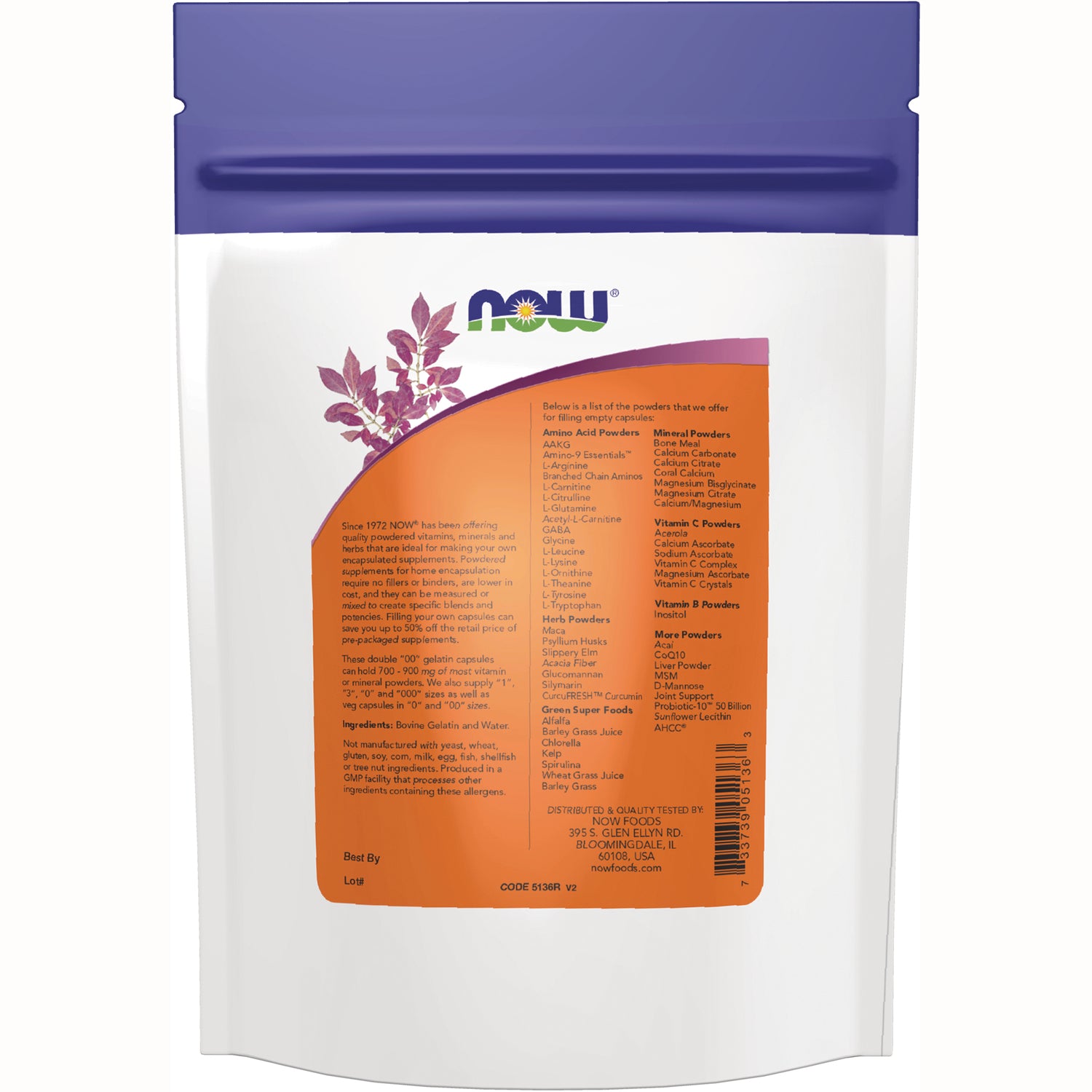 NWF1173 | Back of white resealable pouch with NOW logo, orange ingredient panel and barcode