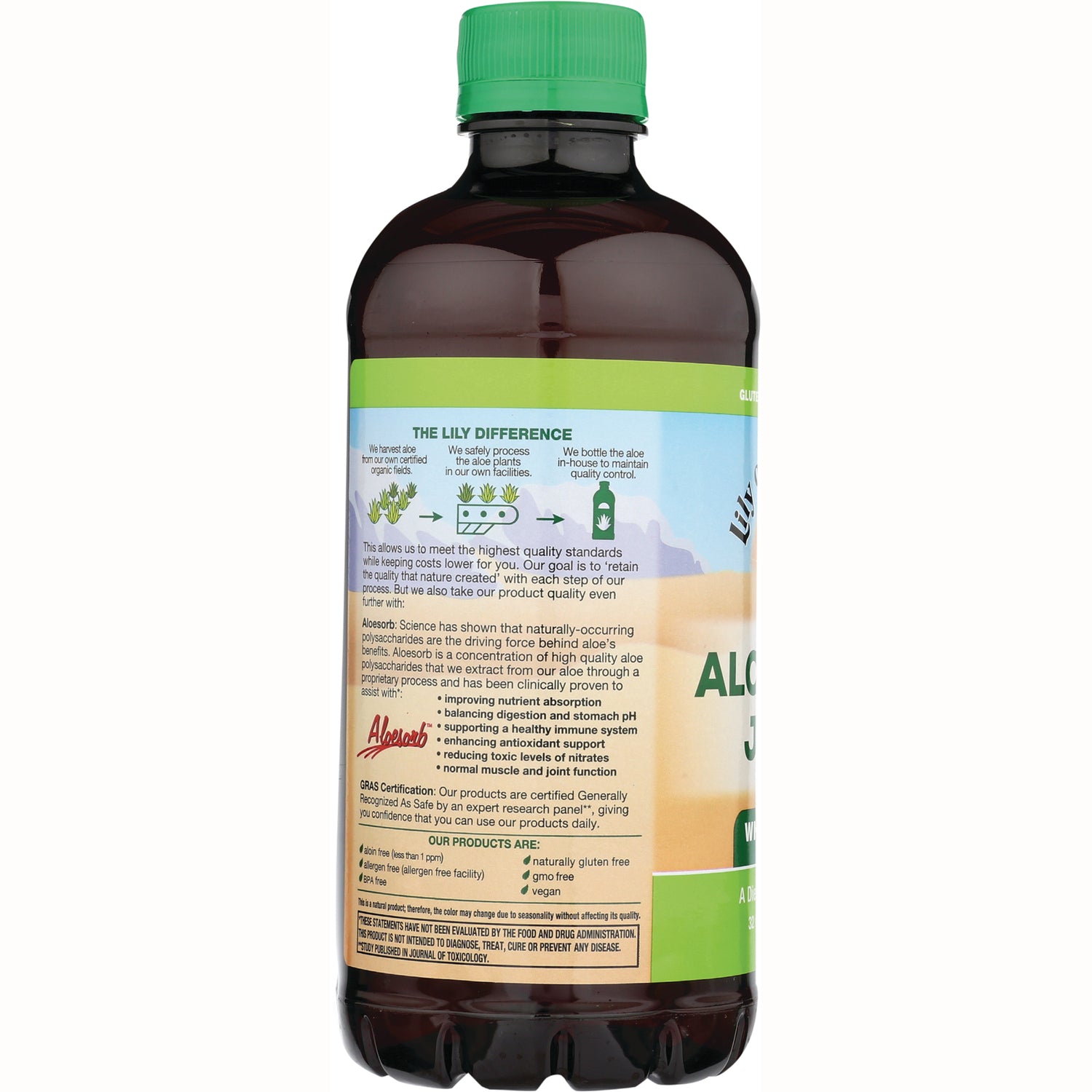 LIL033 | back of brown plastic bottle with green cap showing label reading THE LILY DIFFERENCE and product information