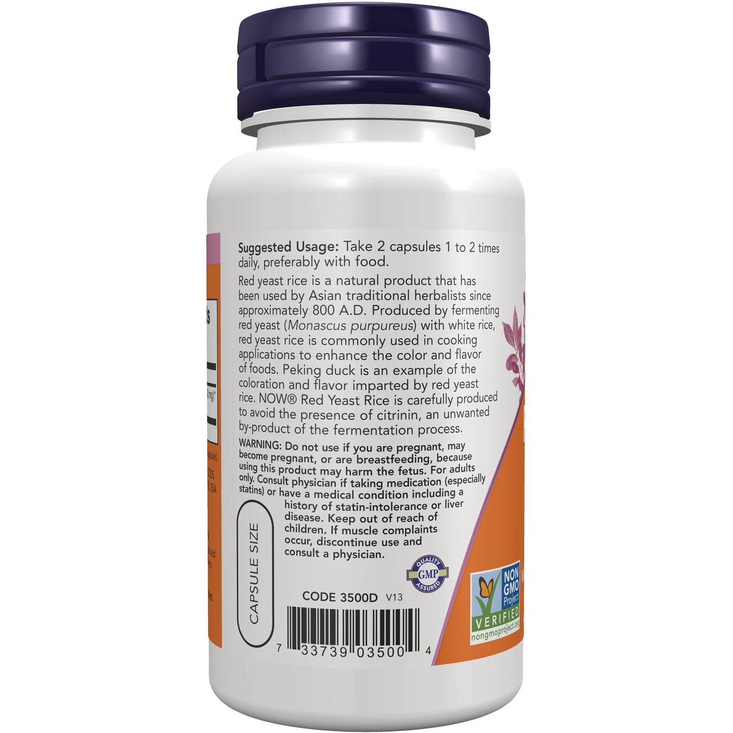 NWF090 | back label of white supplement bottle showing suggested usage text, barcode, GMP and Non-GMO Verified seals