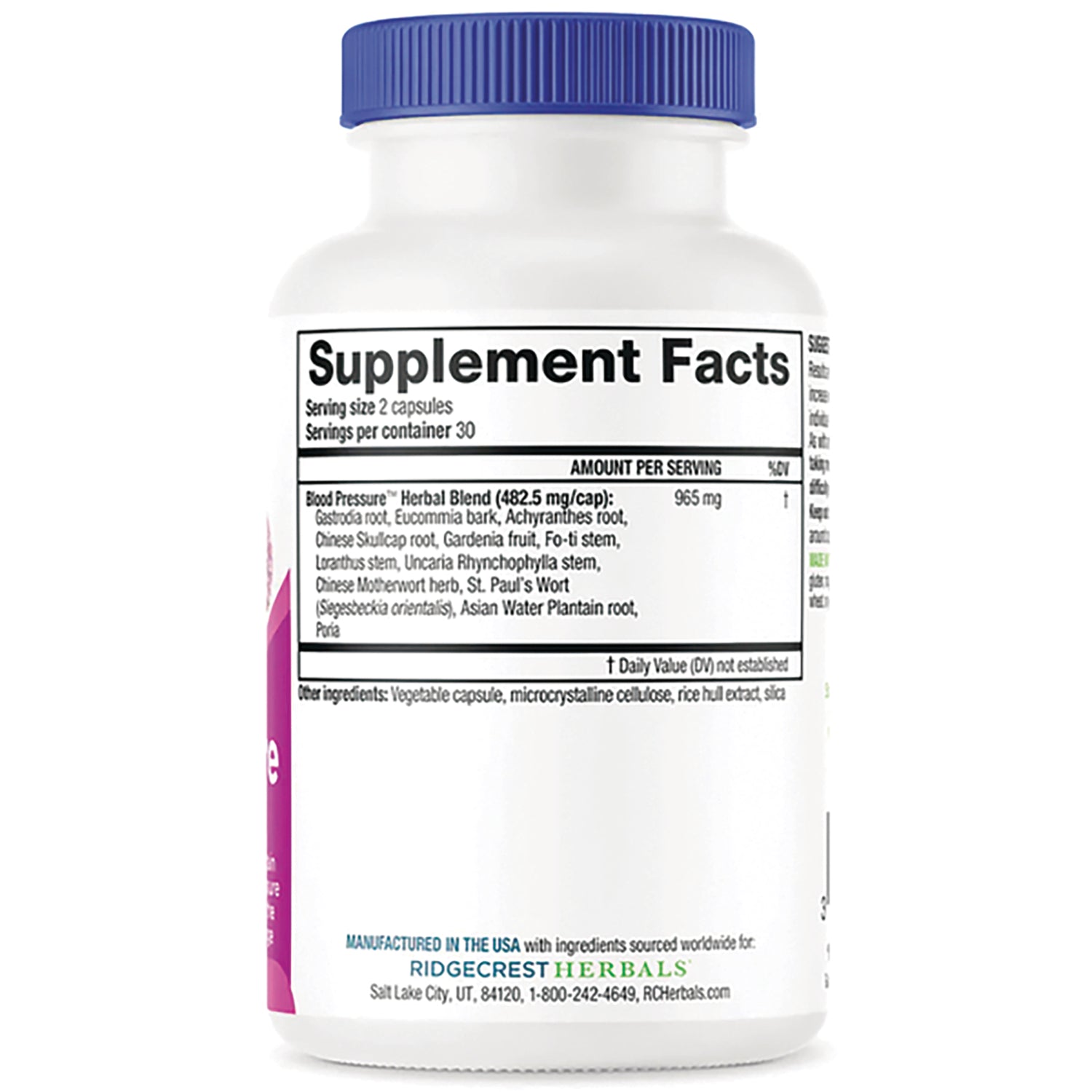PH066 | Supplement Facts panel and ingredient list on back of white supplement bottle with blue cap