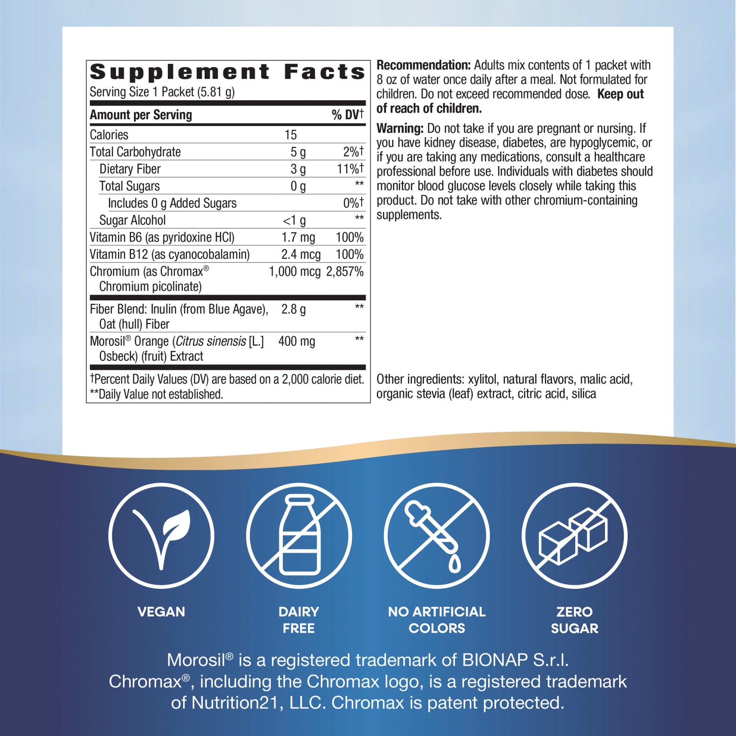 NW1068 | Supplement facts panel and warnings on back label with icons for vegan, dairy free, no artificial colors, zero sugar