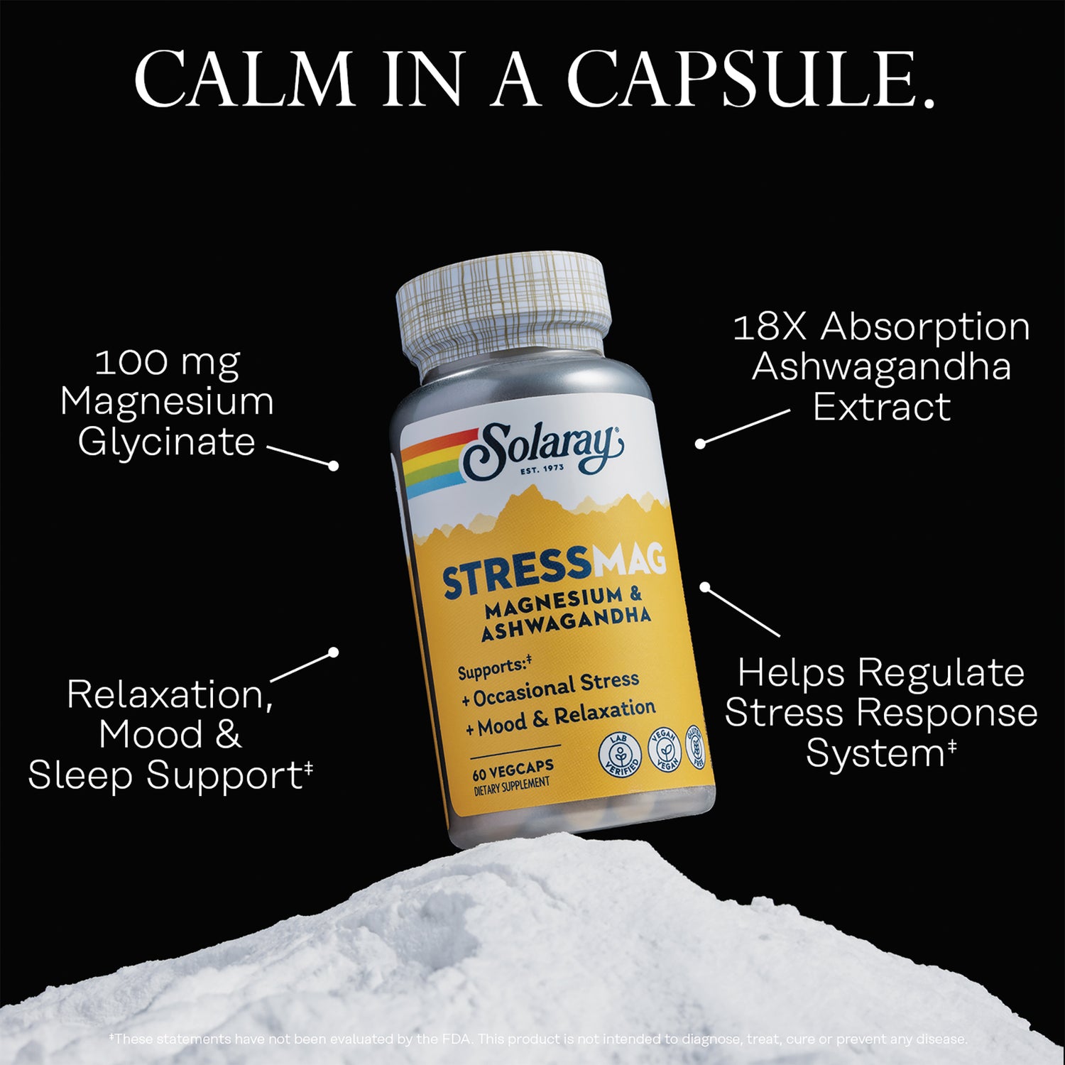 SLR551 | Solaray StressMag magnesium and ashwagandha supplement bottle with claims and product benefits