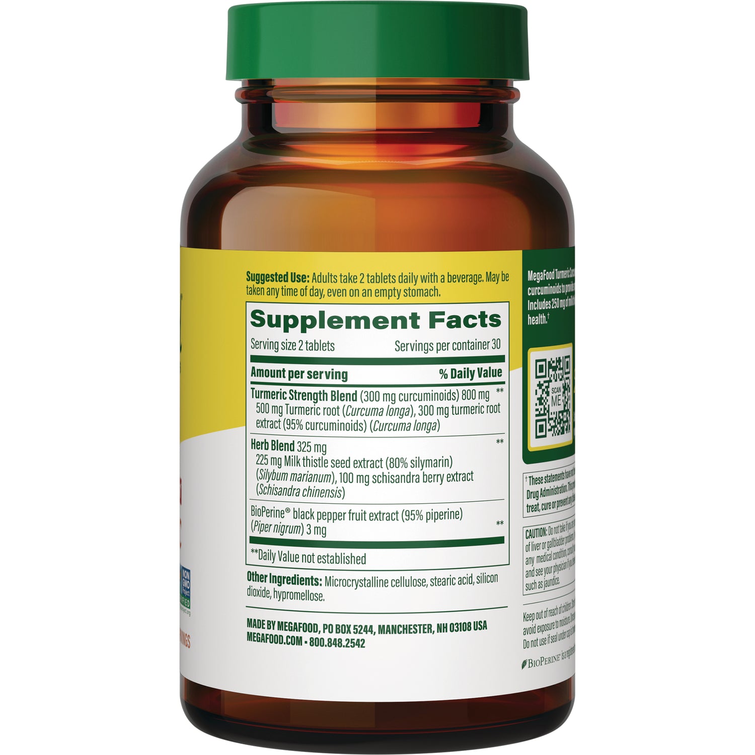 MGF063 | Back of amber supplement bottle showing Supplement Facts label, ingredient list, and suggested use