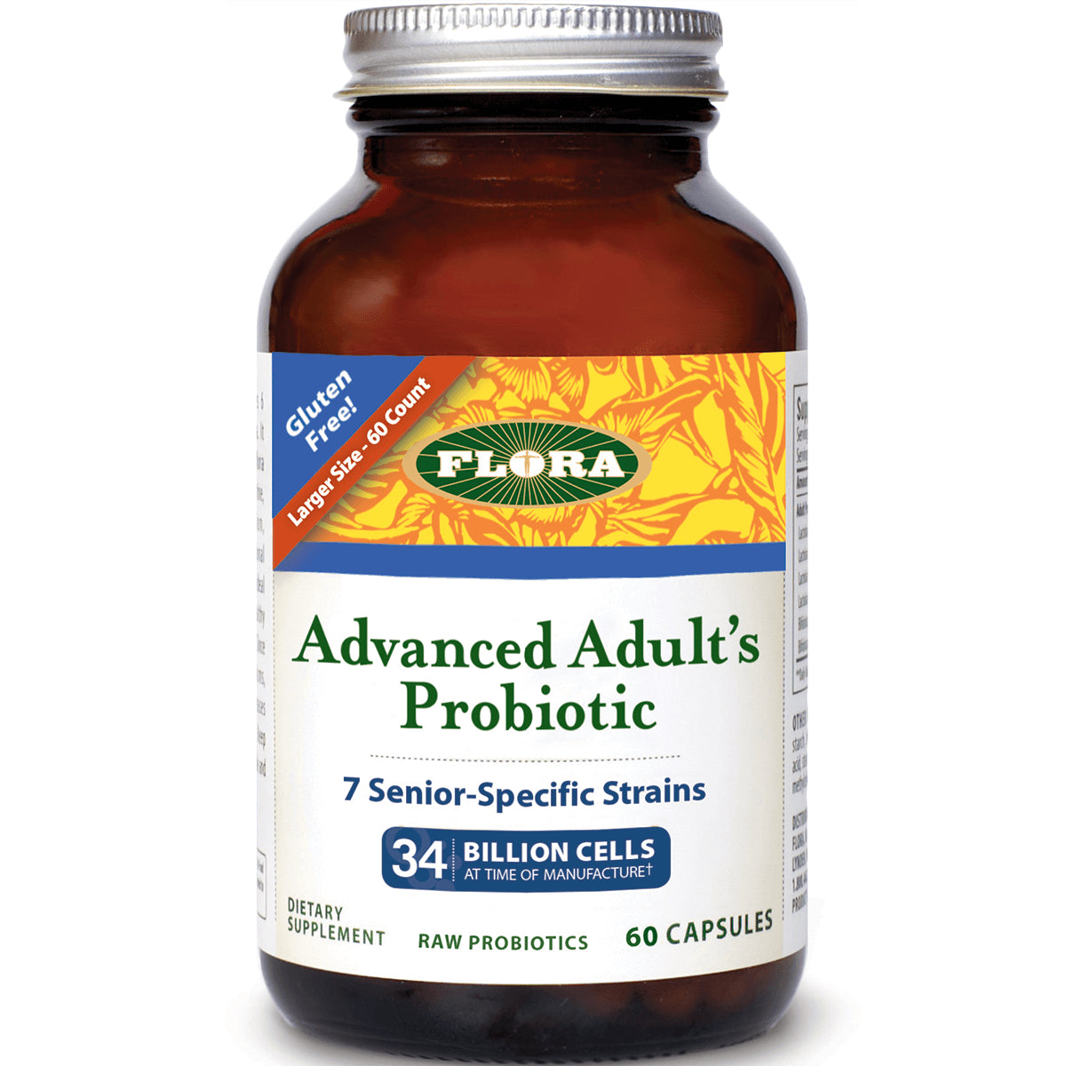 FL076 | Flora Advanced Adult's Probiotic amber bottle, 60 capsules label showing 34 billion cells and 7 senior-specific strains