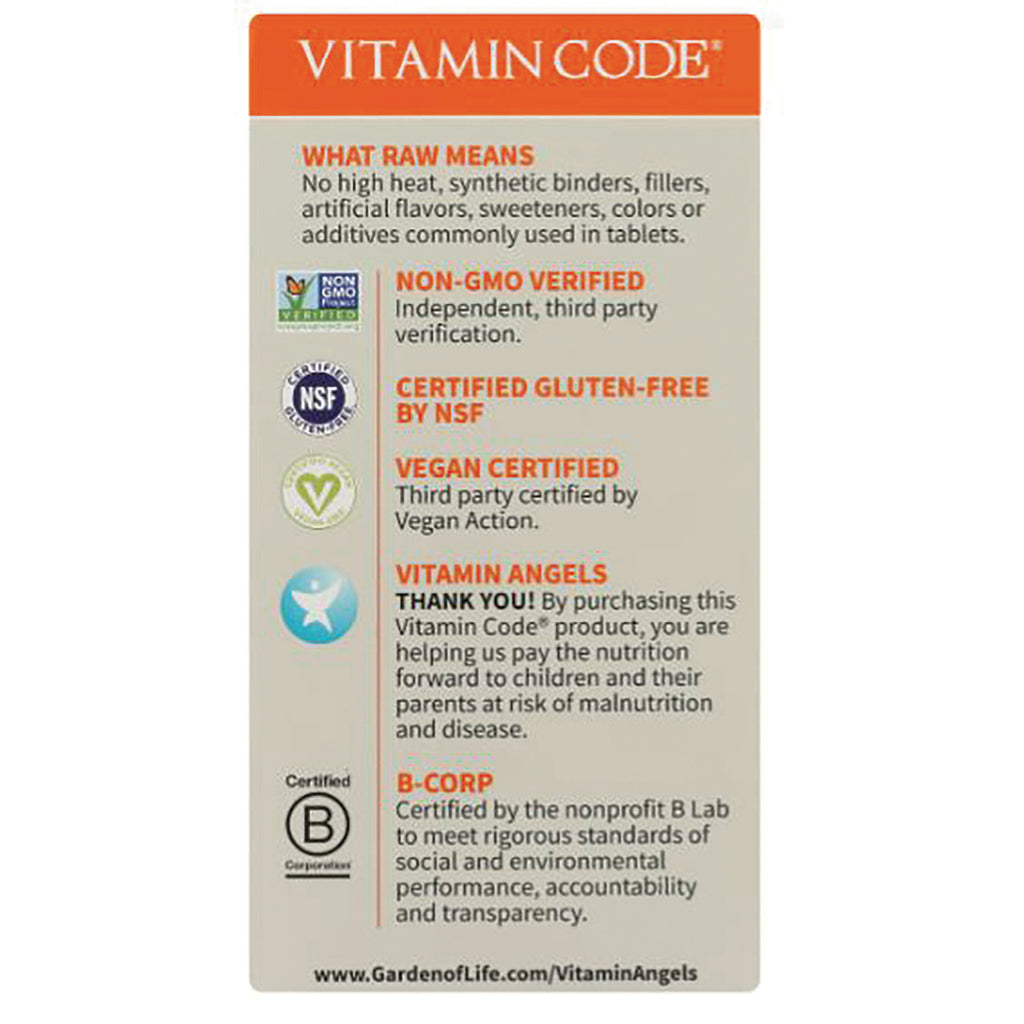GLF146 | Vitamin Code product infographic listing Non-GMO, certified gluten-free, vegan, B-Corp and Vitamin Angels - Thumbnail