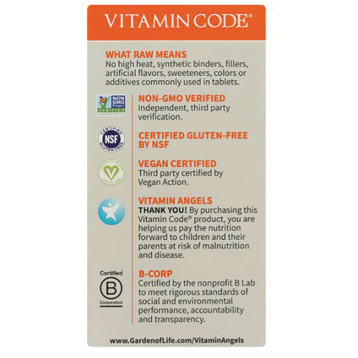 GLF146 | Vitamin Code product infographic listing Non-GMO, certified gluten-free, vegan, B-Corp and Vitamin Angels