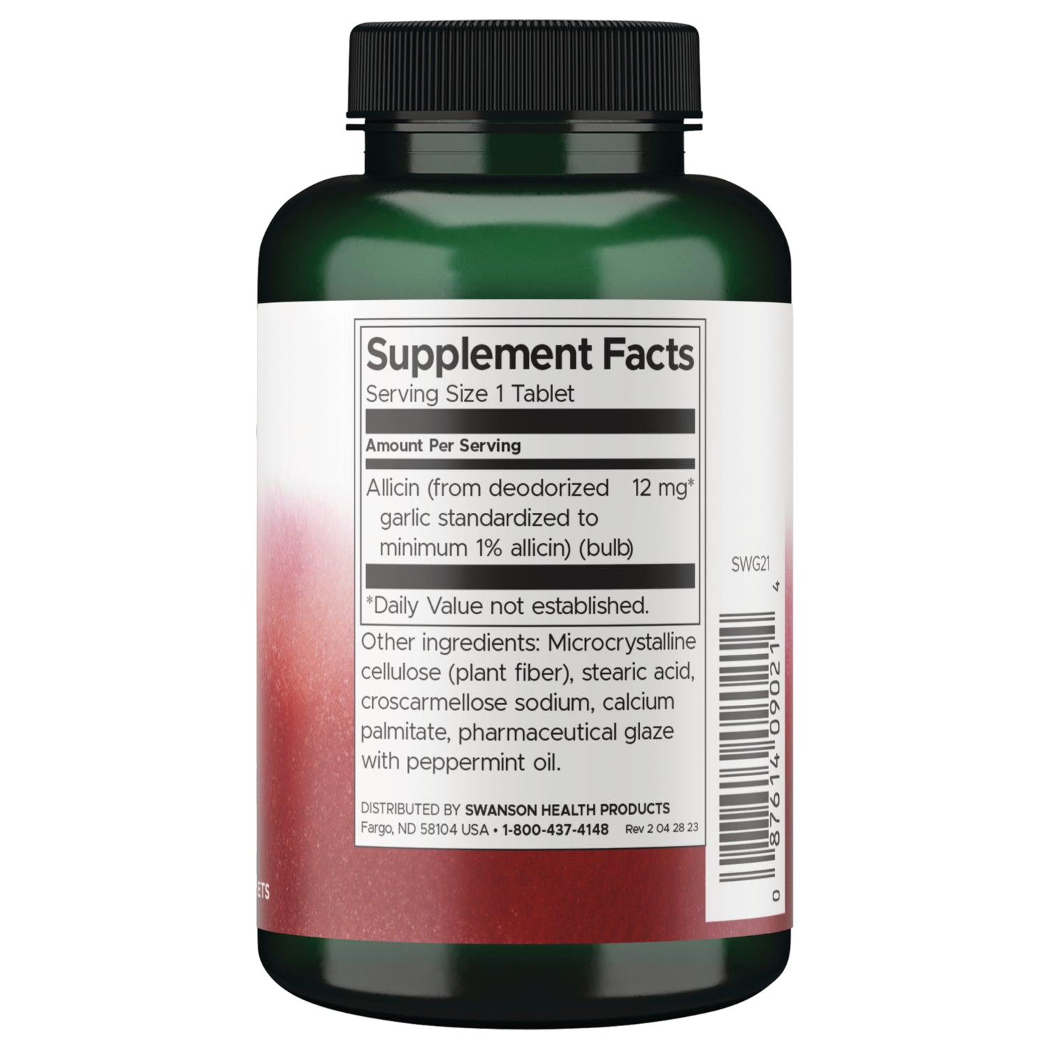 SWG21 | Back label with Supplement Facts, Serving Size 1 Tablet, ingredients list, and barcode