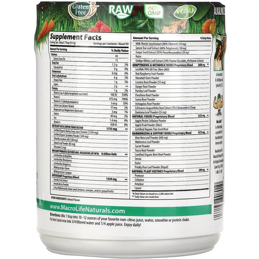 MCL002 | Back label showing Supplement Facts, ingredient and nutrition panels and directions on green and white supplement container - Thumbnail