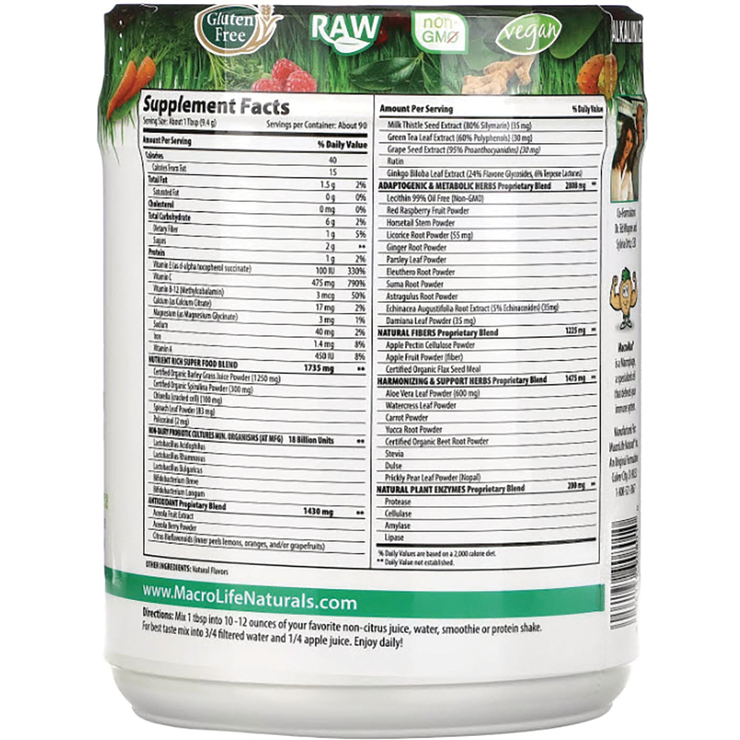 MCL002 | Back label showing Supplement Facts, ingredient and nutrition panels and directions on green and white supplement container