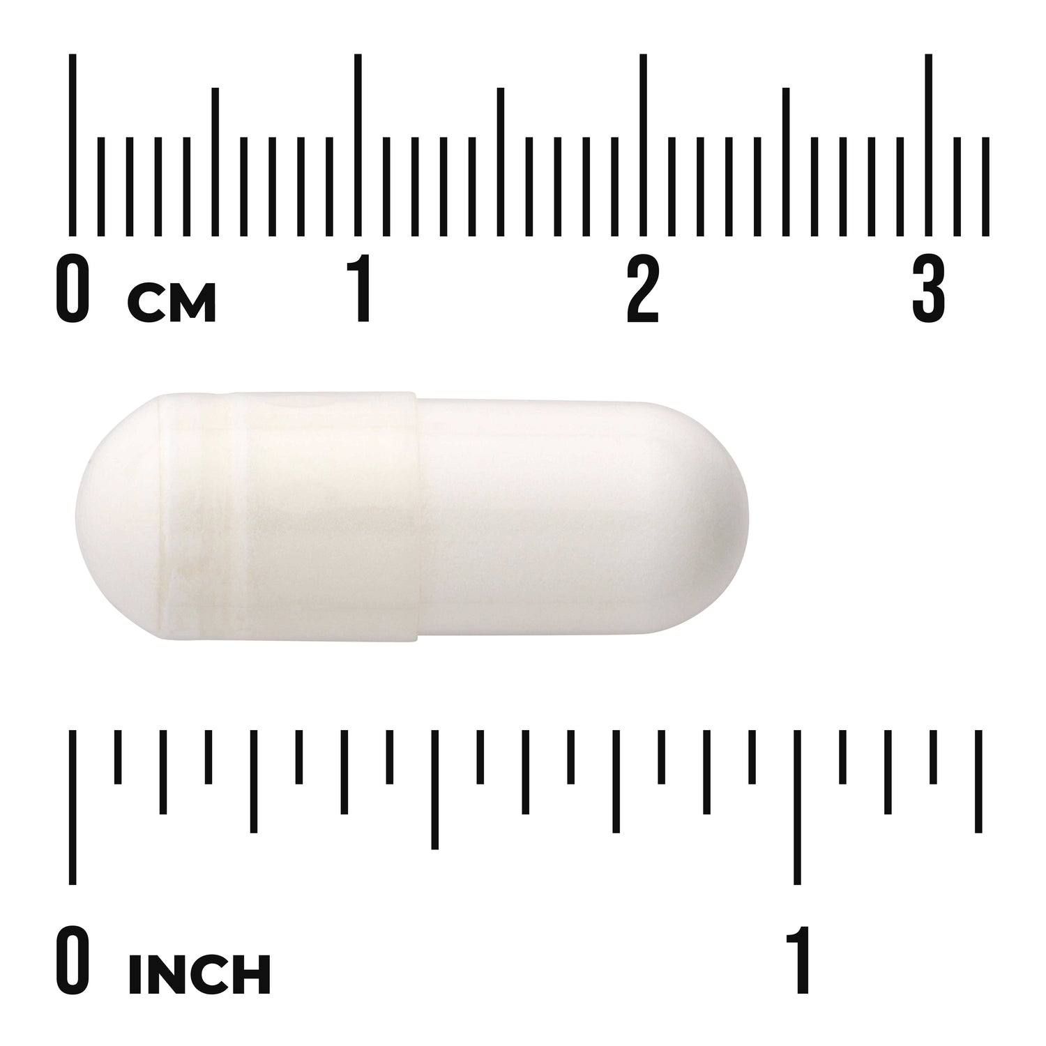SW1810 | White capsule on metric and inch rulers showing size about 2.5 cm (1 in)