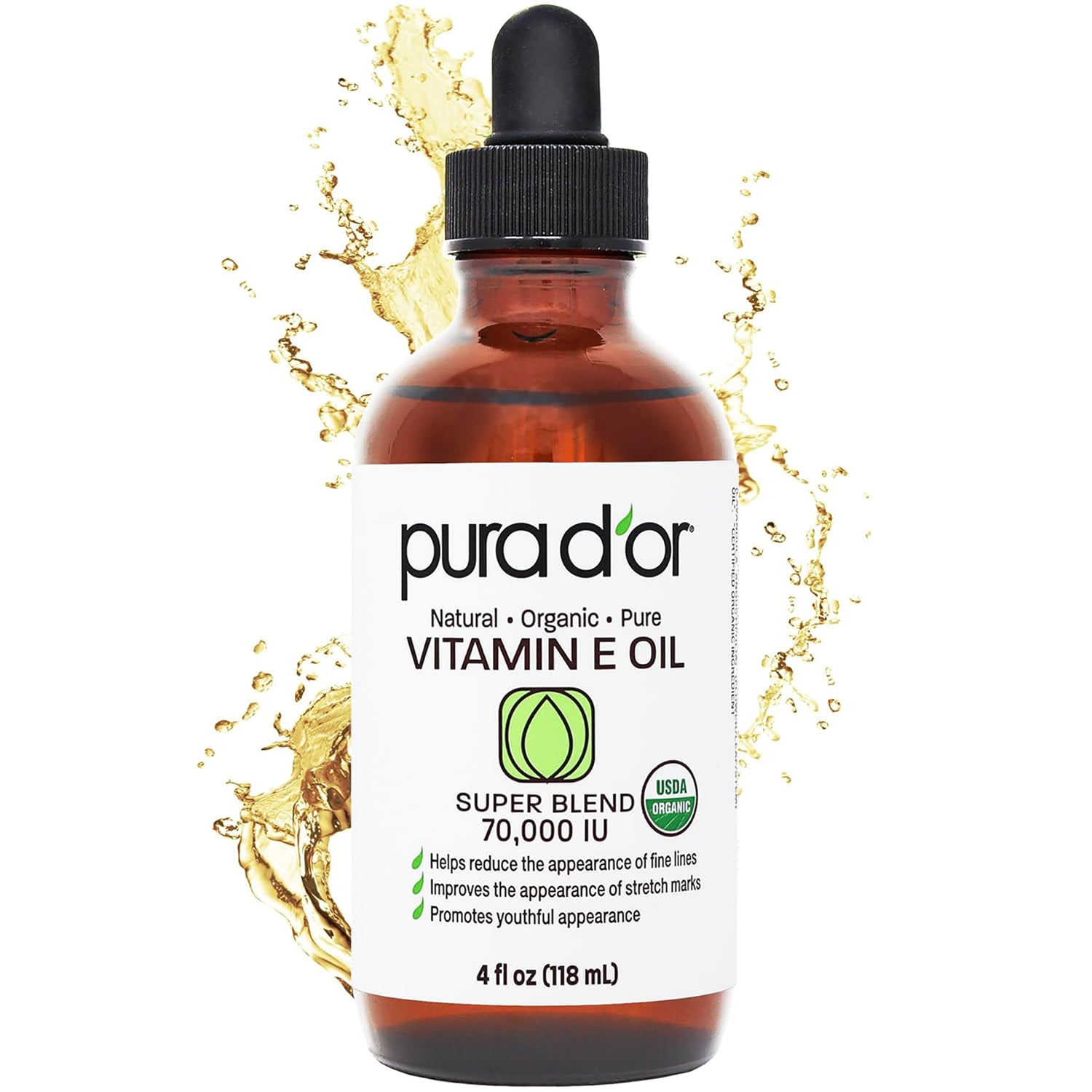 PDO010 | amber glass dropper bottle labeled pura d'or PROFESSIONAL Vitamin E Oil 70,000 IU 4 FL OZ
