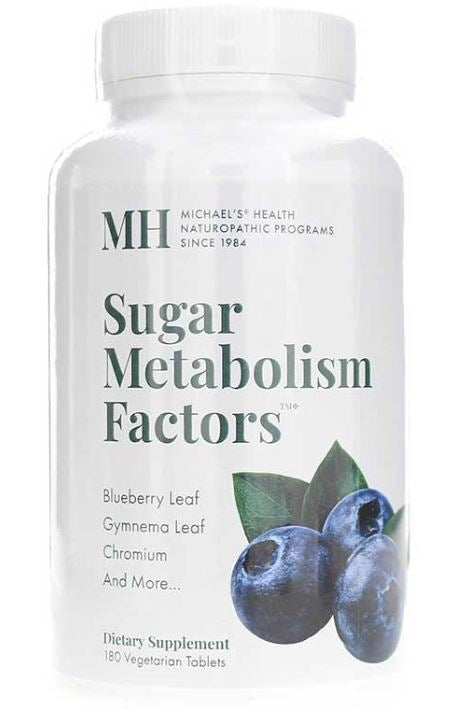 MNP043 | White supplement bottle front labeled Sugar Metabolism Factors with blueberry illustration