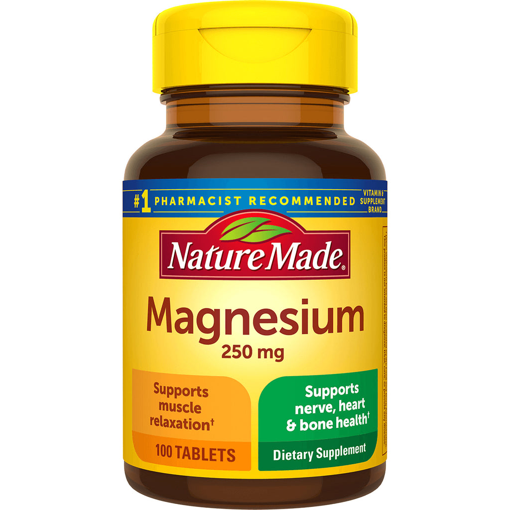 NTM042 | Nature Made Magnesium 250 mg brown bottle with yellow label, 100 tablets dietary supplement - Thumbnail
