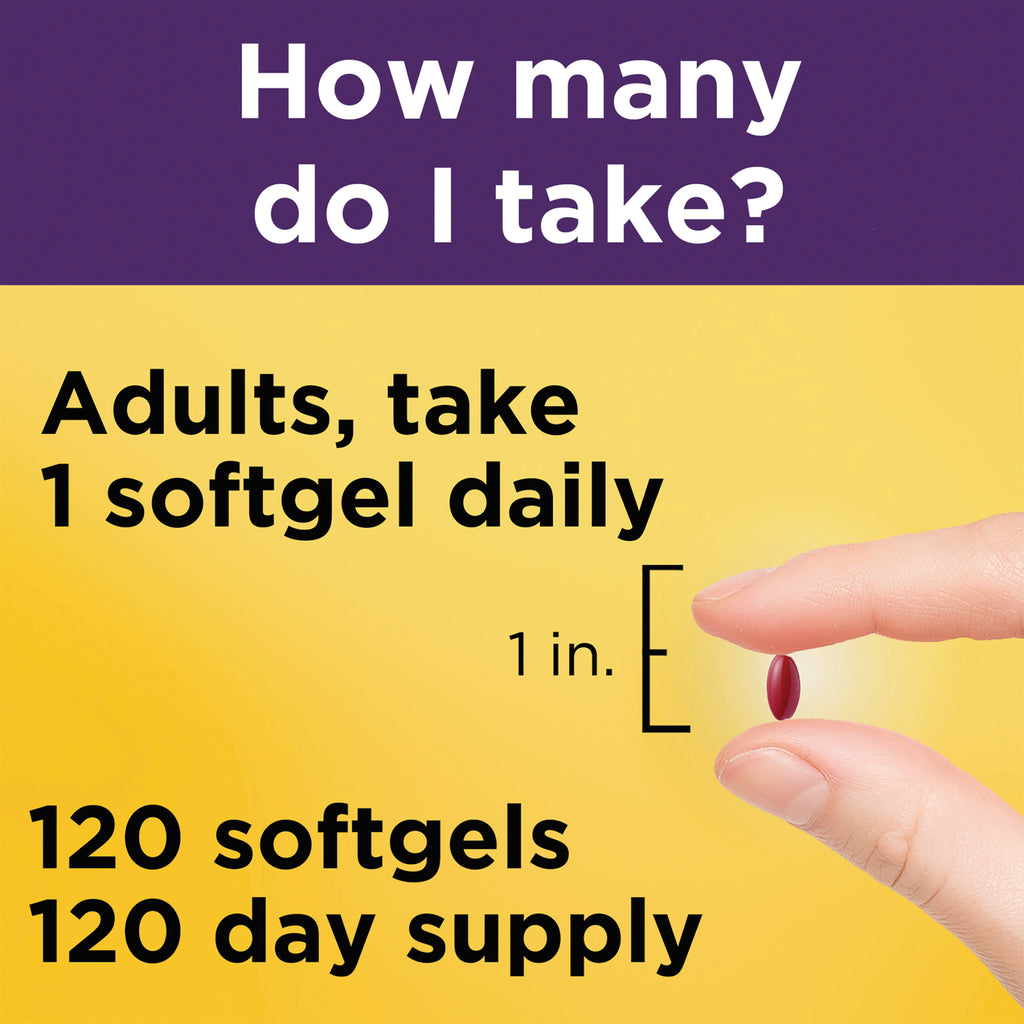 NTM147 | Red softgel held between fingers with text Adults, take 1 softgel daily and 120 softgels 120 day supply - Thumbnail