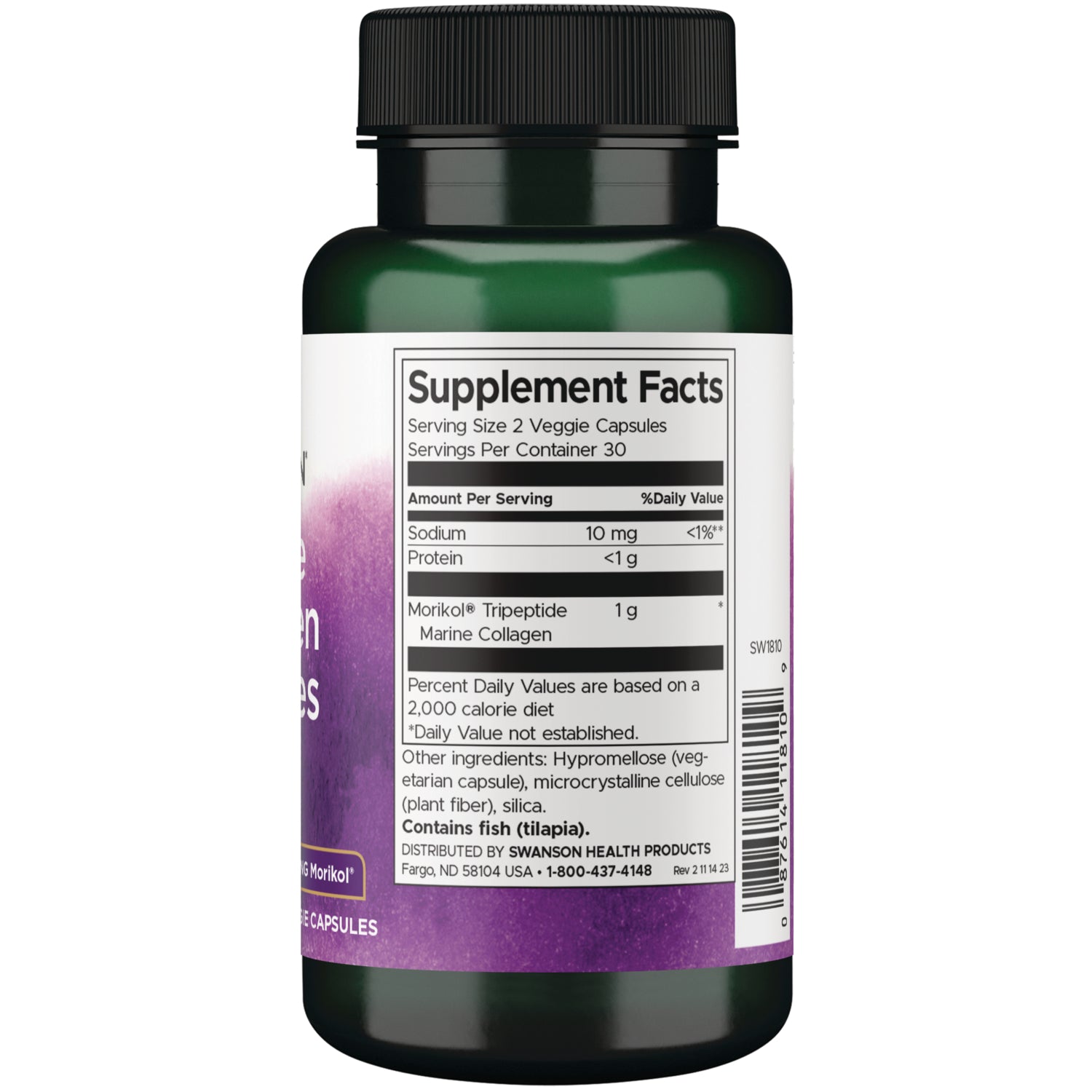 SW1810 | Back label with Supplement Facts panel with ingredients, suggested use, and warning text for Morikol collagen capsules