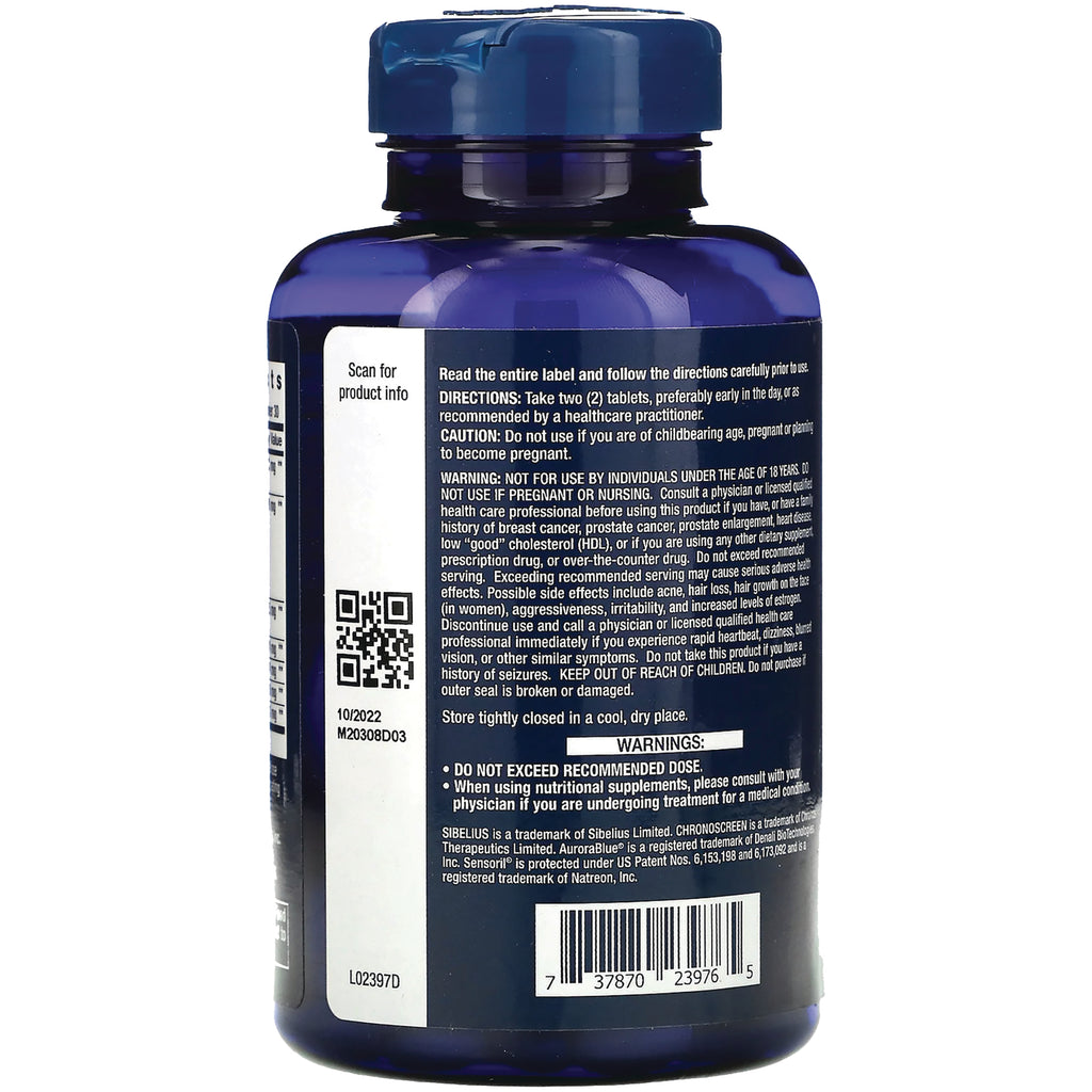 LE568 | Back label of blue supplement bottle showing directions, warnings, barcode and QR code - Thumbnail