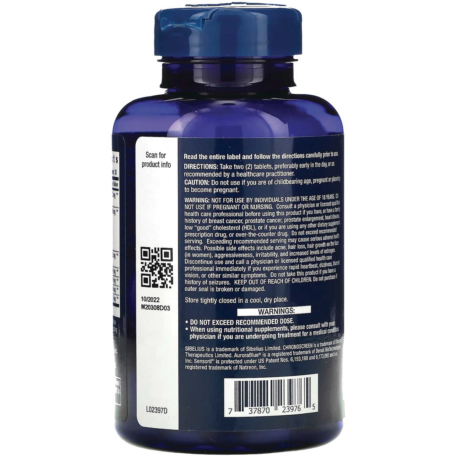 LE568 | Back label of blue supplement bottle showing directions, warnings, barcode and QR code