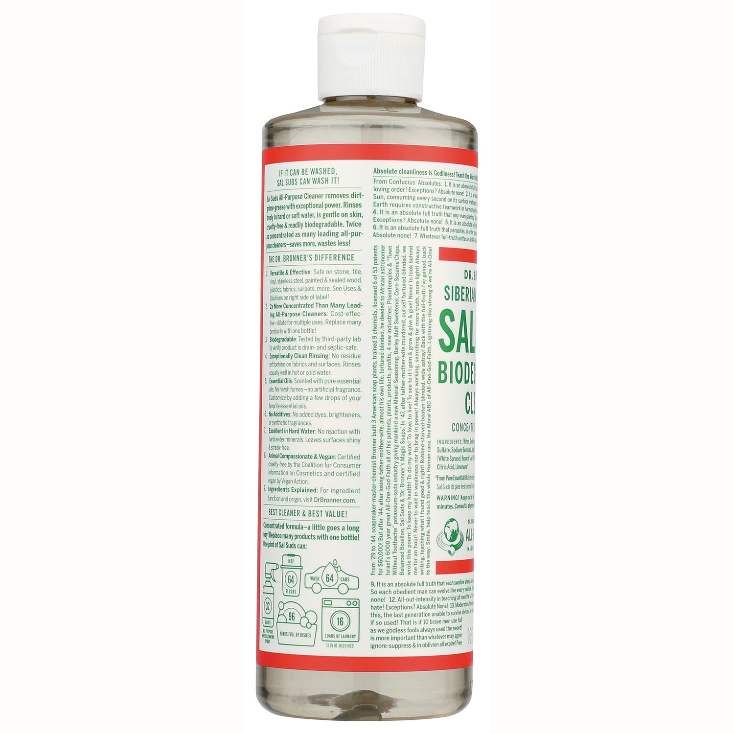 DRB055 | back label infographic of concentrated cleaner showing directions, ingredients, and usage icons