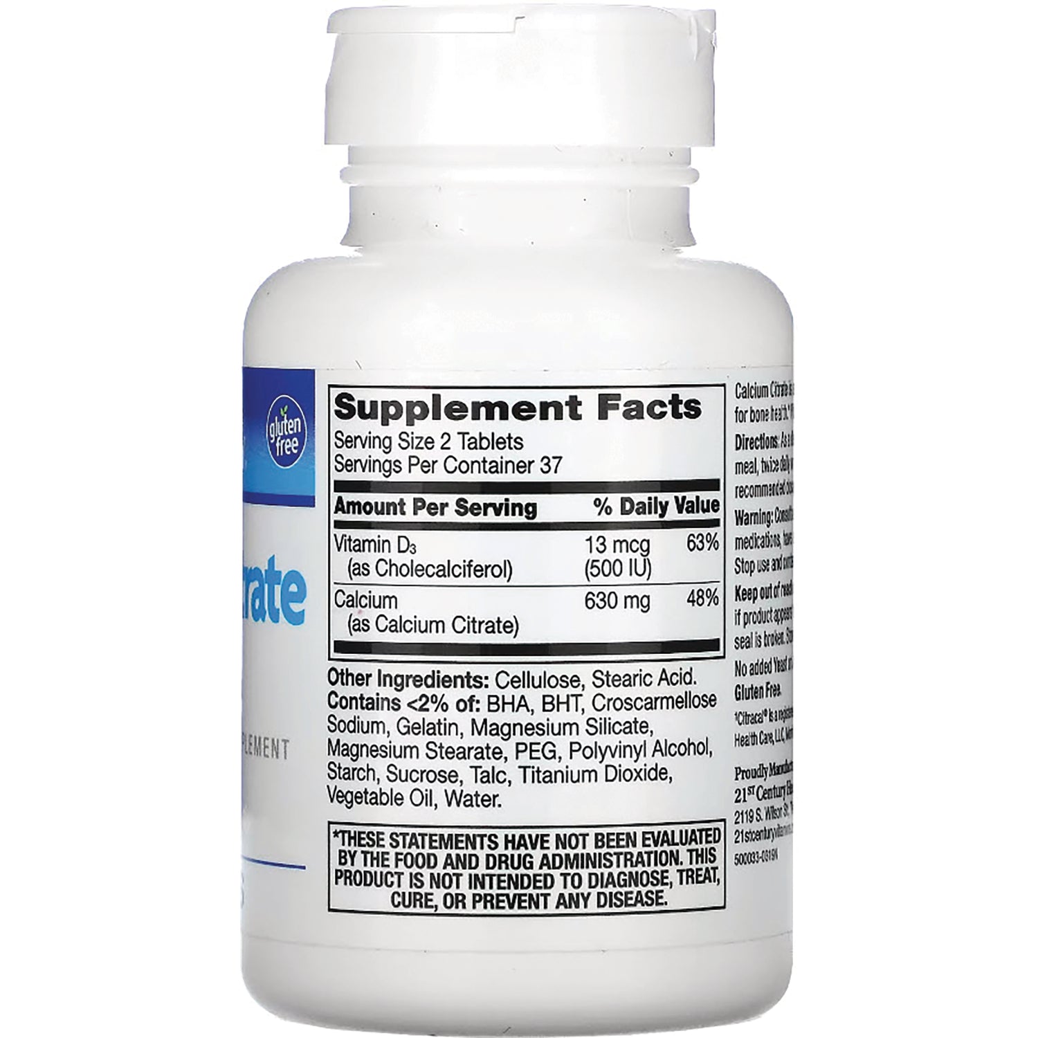 CNT235 | back label showing Supplement Facts panel listing Vitamin D3 500 IU, Calcium 630 mg, and other ingredients