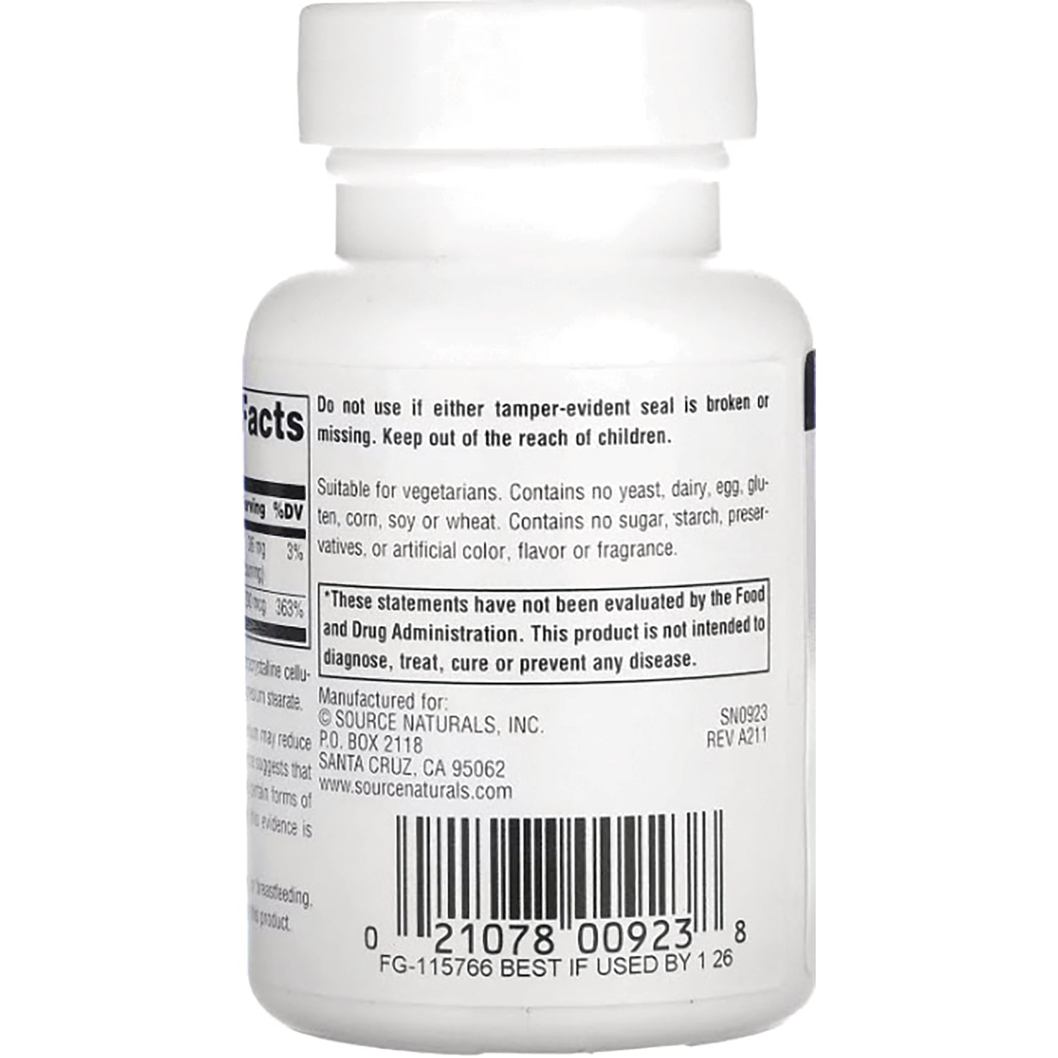 SN707 | Back label with supplement facts, warnings, and barcode on white Source Naturals bottle