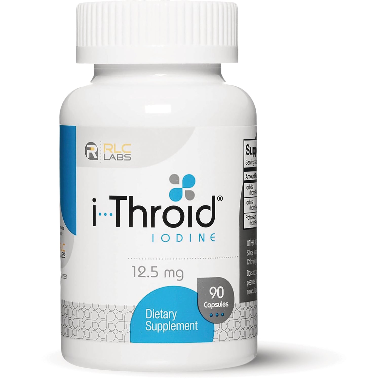 RLC002 | White bottle of i-Throid iodine dietary supplement 12.5 mg, label shows 90 capsules