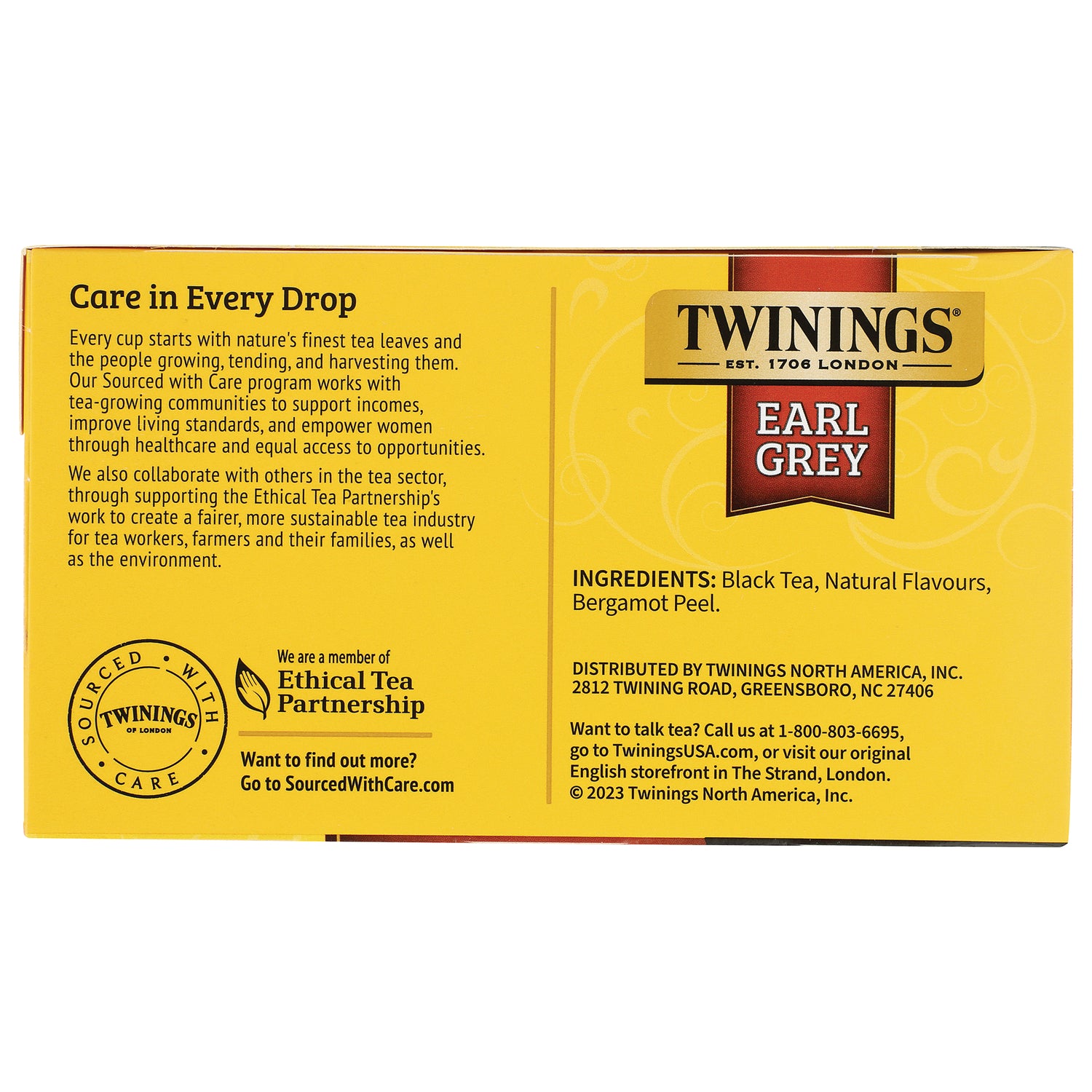 TWN002 | Back of Twinings Earl Grey tea box with Care in Every Drop message and ingredients: black tea, natural flavours, bergamot peel