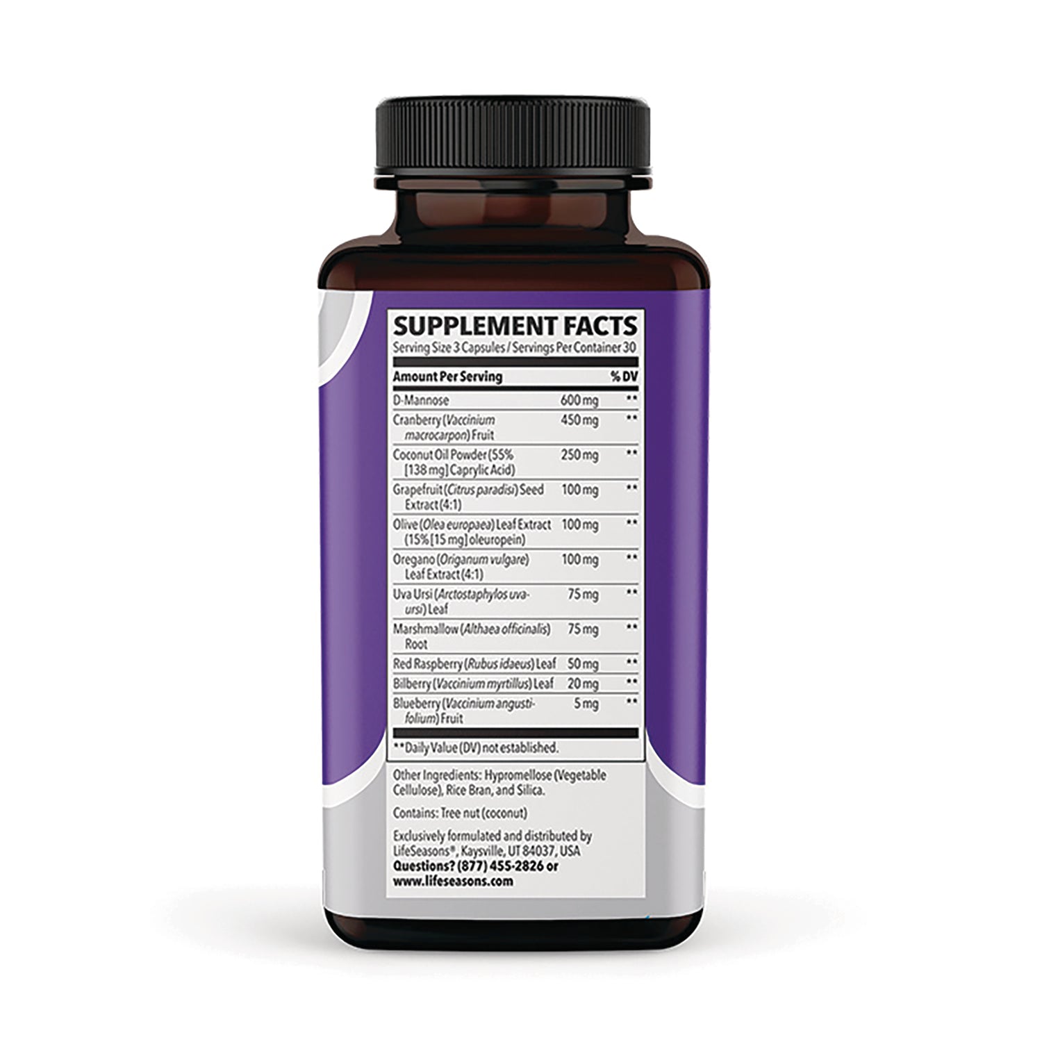 LSS010 | Back of brown supplement bottle showing SUPPLEMENT FACTS panel and ingredient list