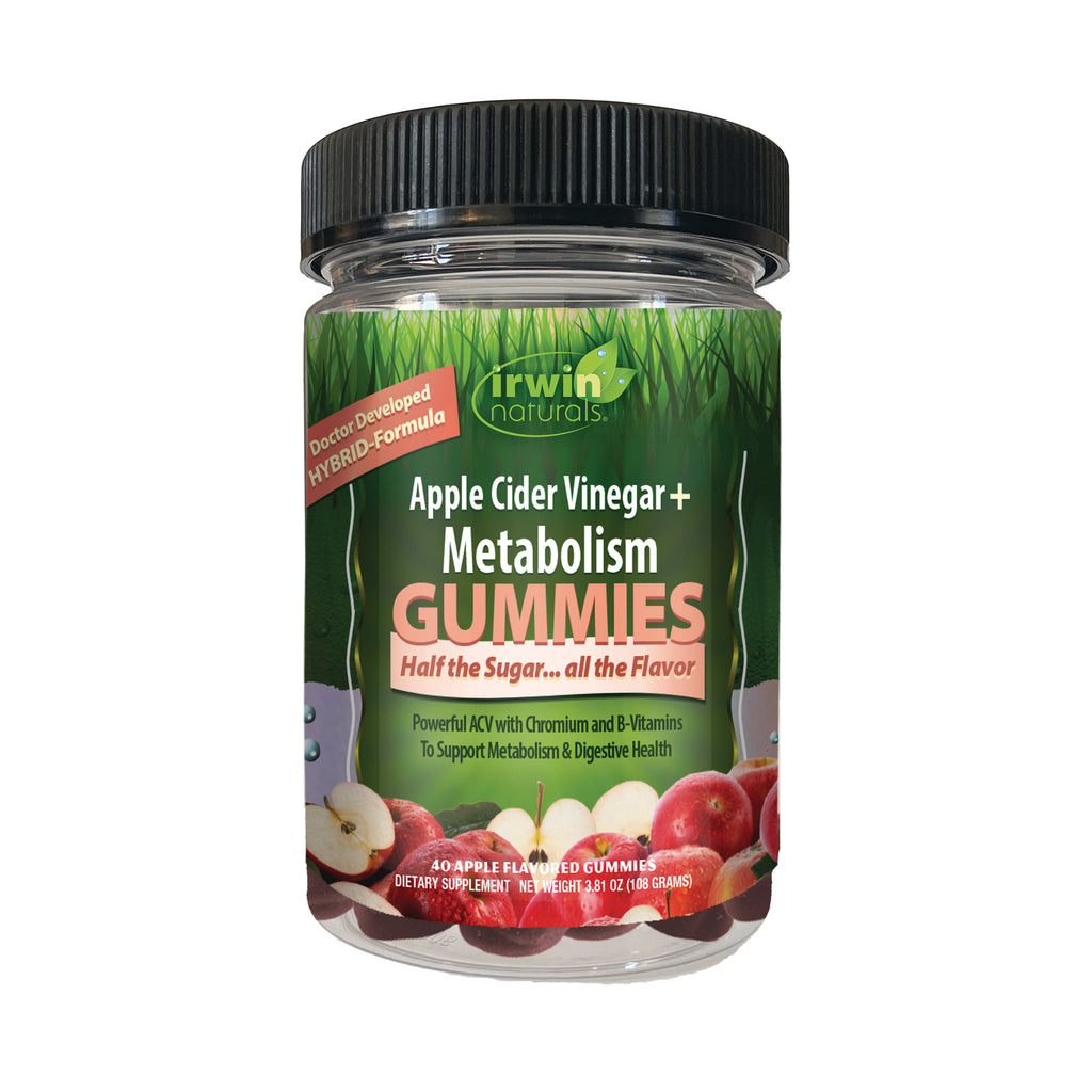 IR305 | Irwin Naturals Apple Cider Vinegar+ Metabolism gummies bottle with green label and apples - Thumbnail