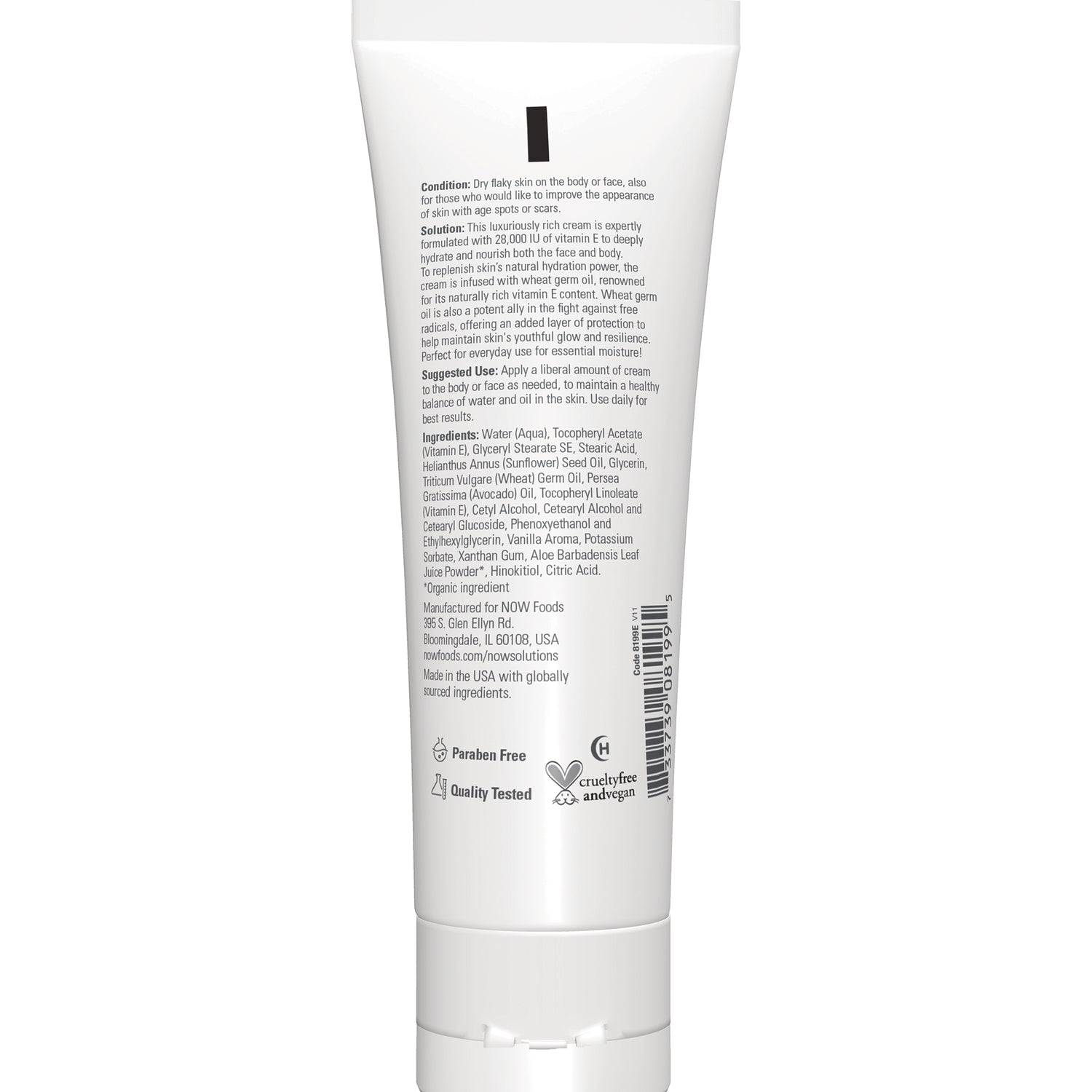 NWF515 | Back of white cream tube showing ingredients text, barcode, Paraben Free and cruelty free icons