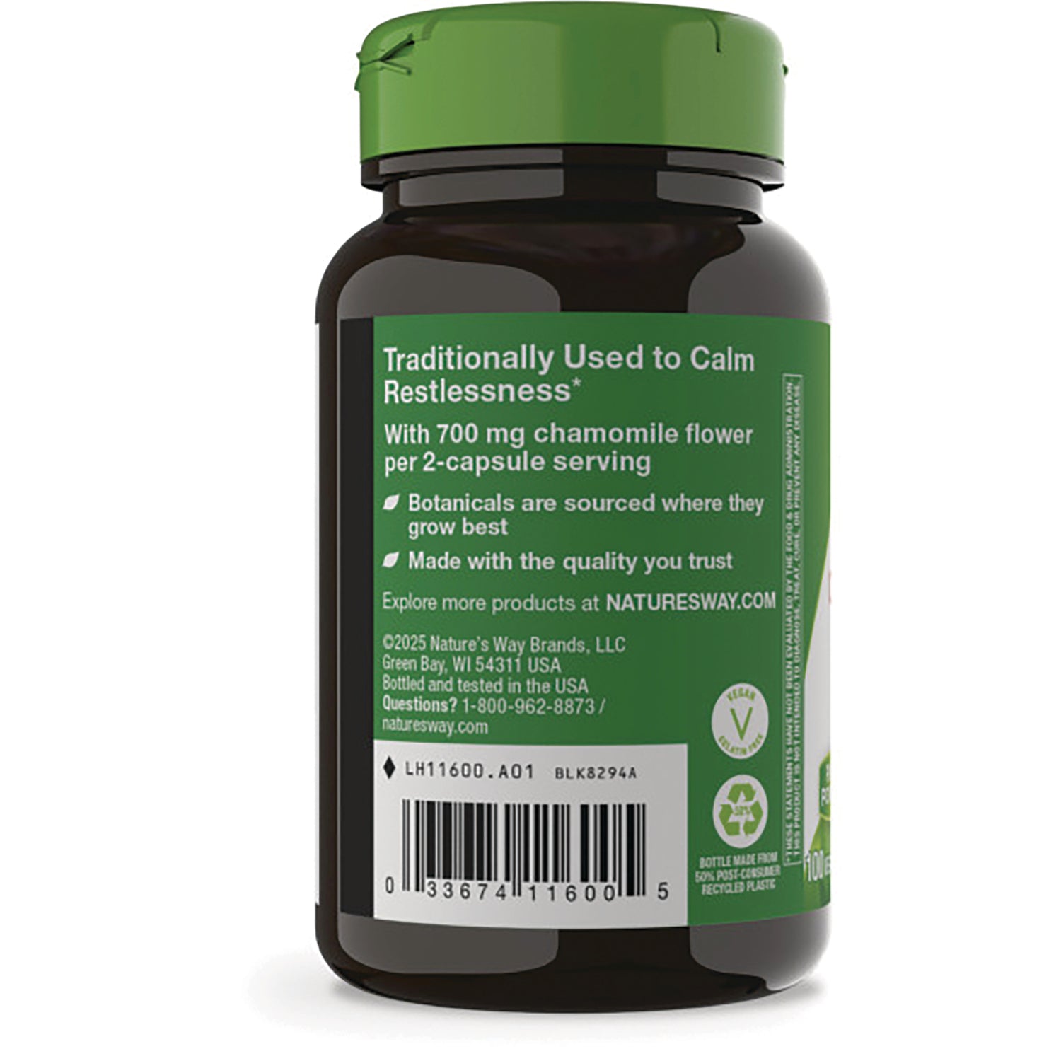 NW930 | back label of brown supplement bottle showing Traditionally Used to Calm Restlessness text, product details and barcode