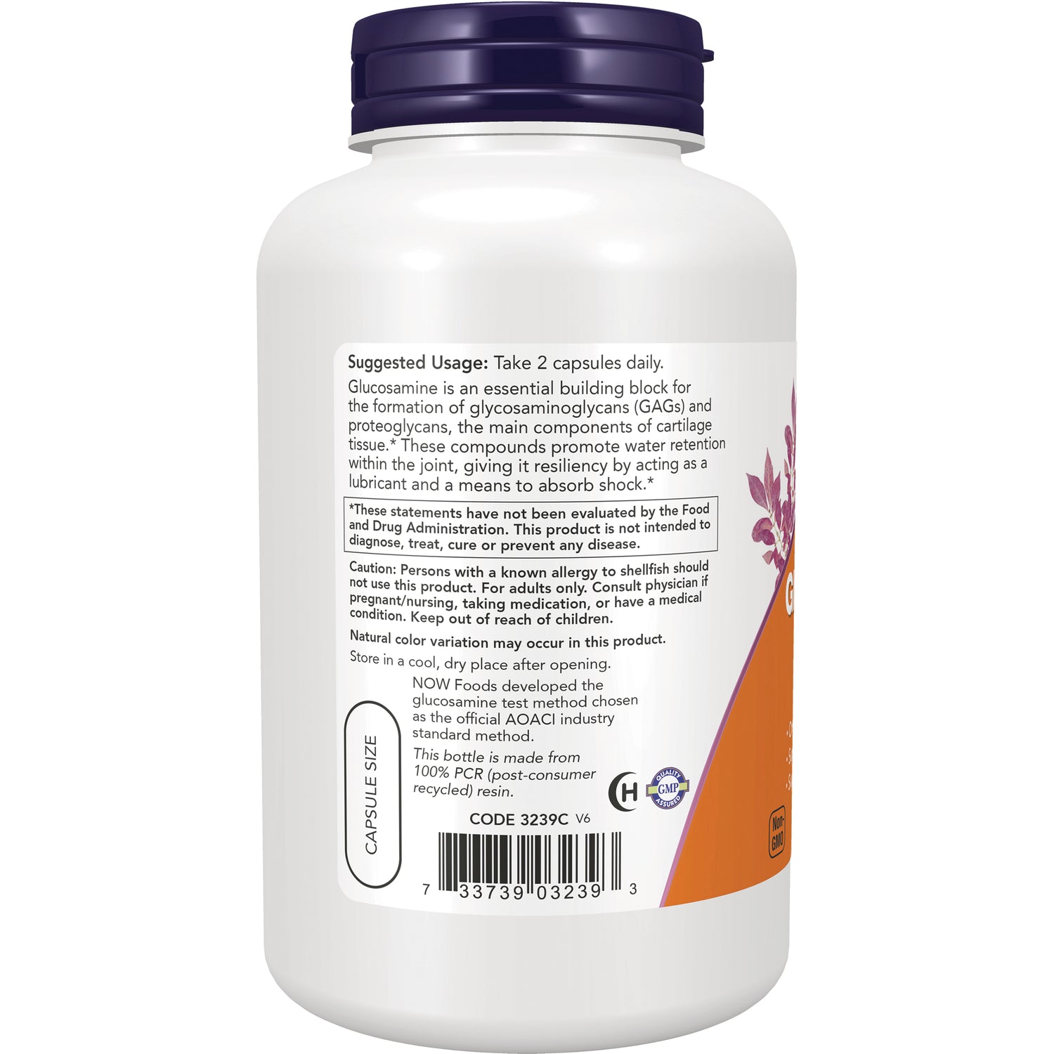 NWF678 | Back of white supplement bottle with suggested usage text Take 2 capsules daily, barcode and purple cap