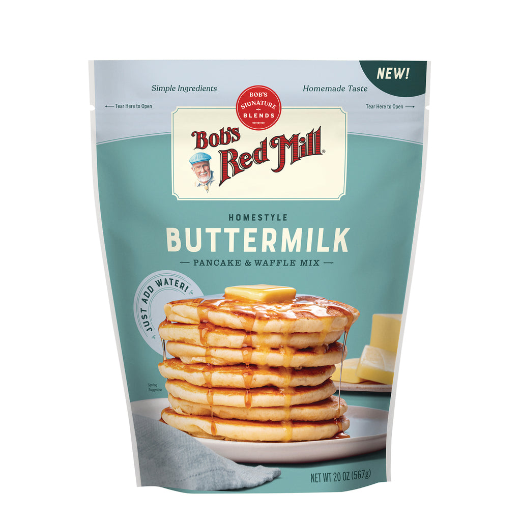BOB482 | Bob's Red Mill Homestyle Buttermilk pancake and waffle mix pouch with stacked pancakes, butter, and syrup - Thumbnail