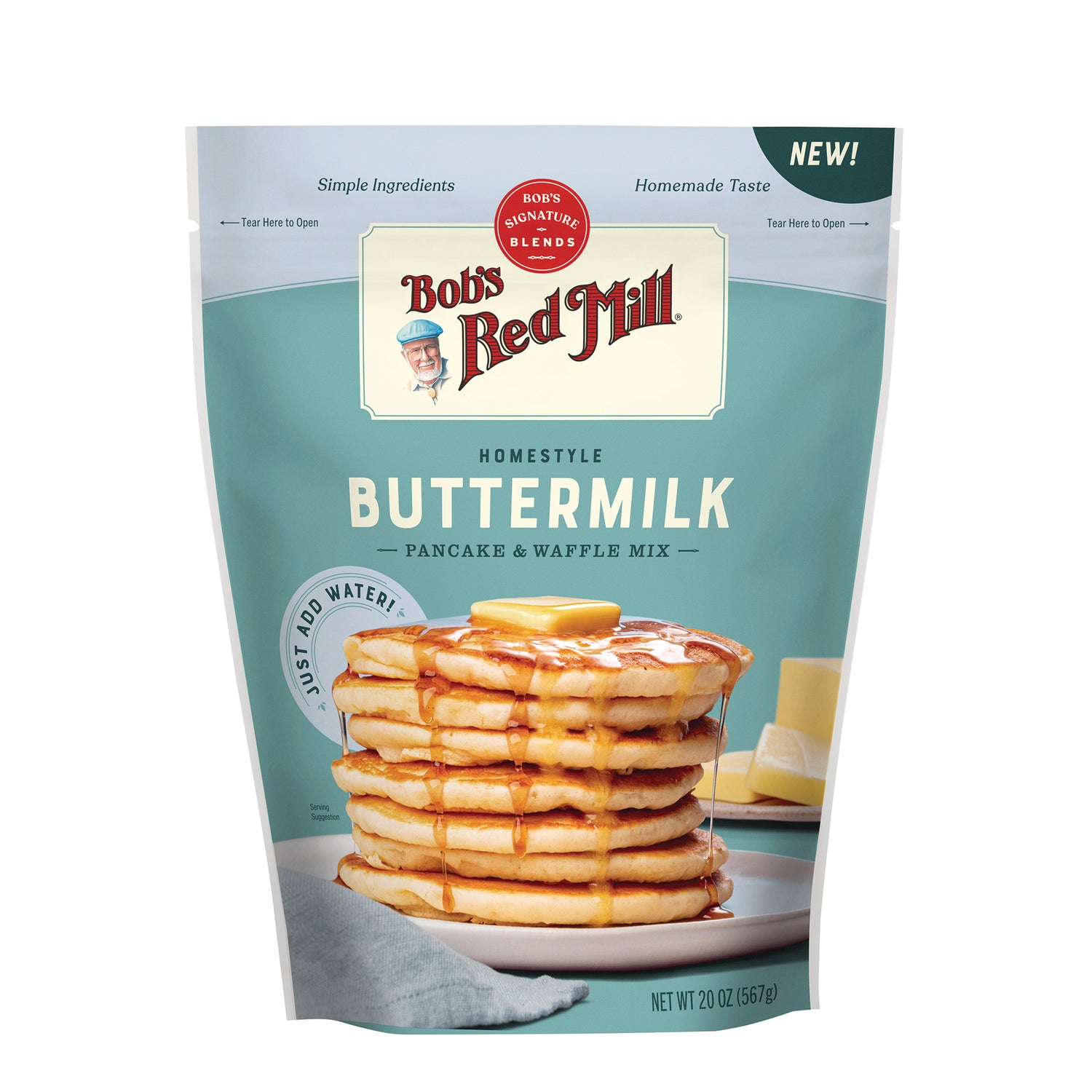 BOB482 | Bob's Red Mill Homestyle Buttermilk pancake and waffle mix pouch with stacked pancakes, butter, and syrup