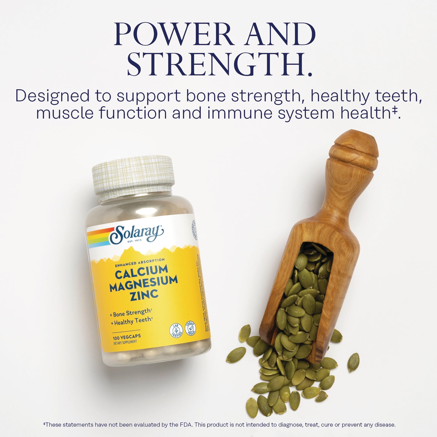 SLR335 | Power and Strength: Solaray Calcium Magnesium Zinc bottle; supports bone strength, healthy teeth, muscle function