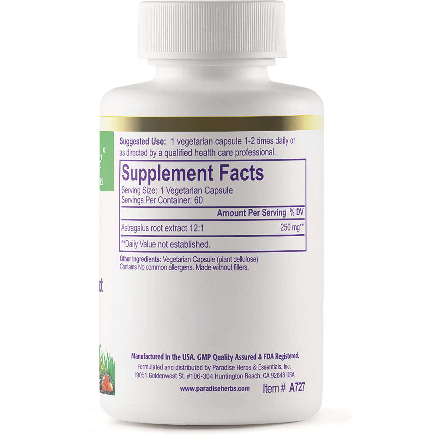 PRH007 | Back of white supplement bottle showing Supplement Facts label, serving size 1 vegetarian capsule and astragalus root extract 250 mg