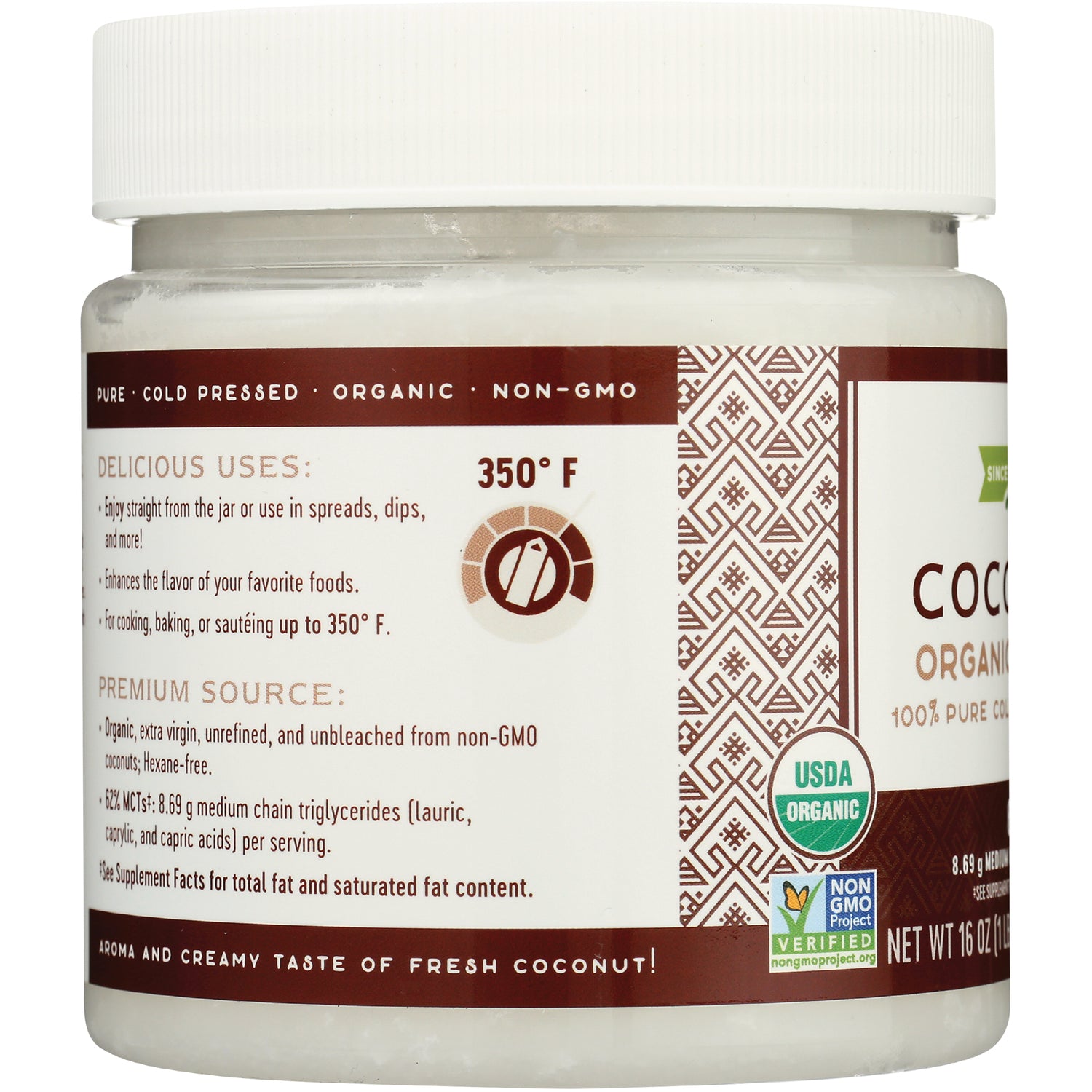 NW652 | jar label infographic showing suggested uses, 350F cooking icon, USDA Organic and Non-GMO logos