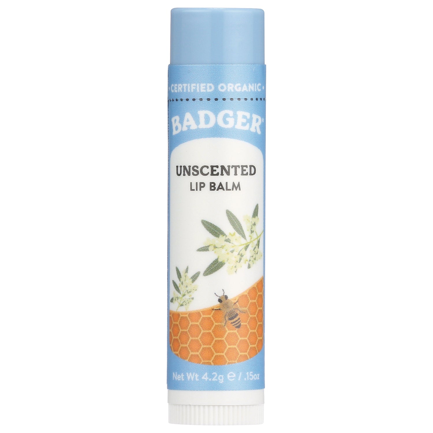 BAD007 | BADGER unscented lip balm tube with honeycomb and bee illustration and light blue cap