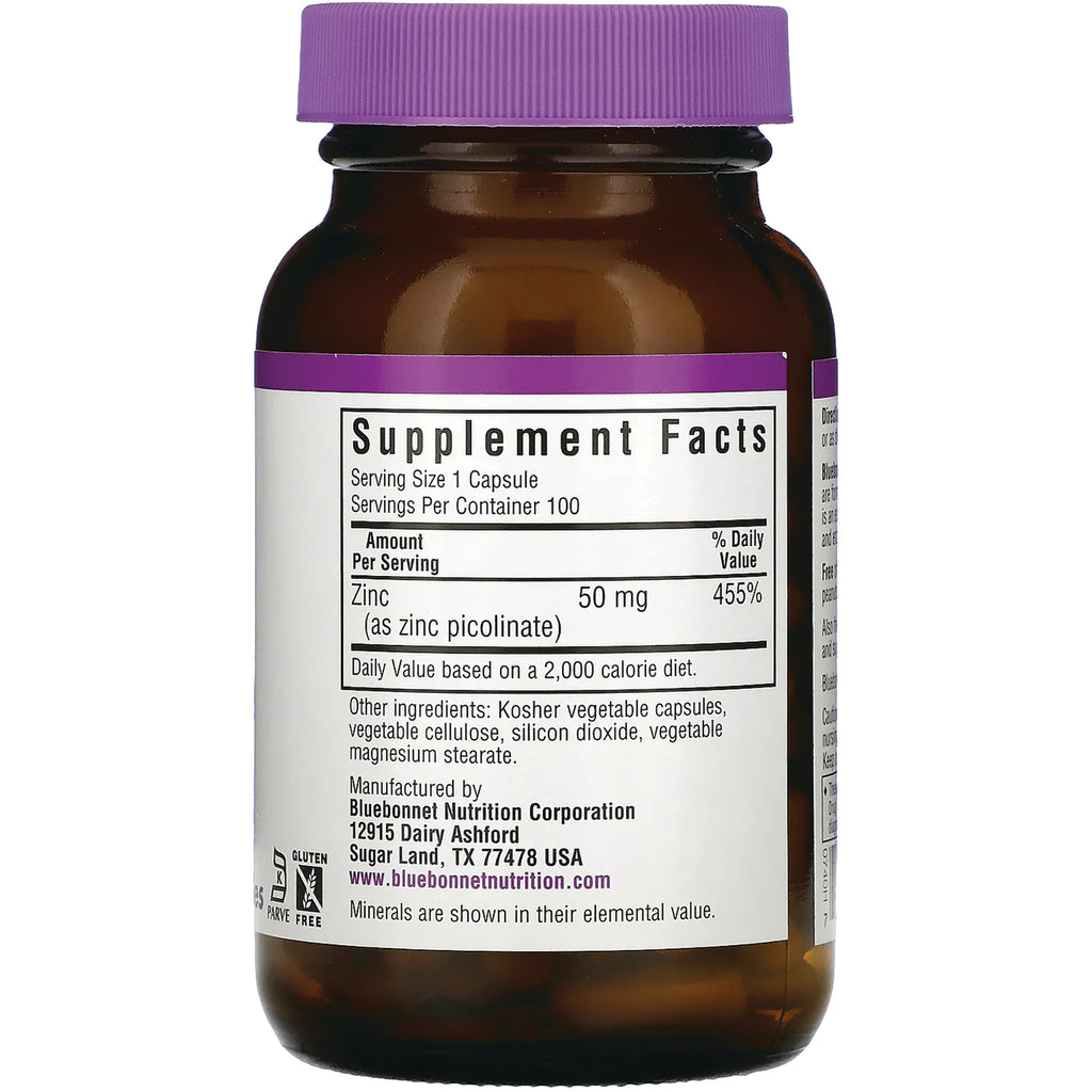 BLU138 | Back label showing Supplement Facts for zinc 50 mg, serving size 1 capsule and ingredient and manufacturer details - Thumbnail
