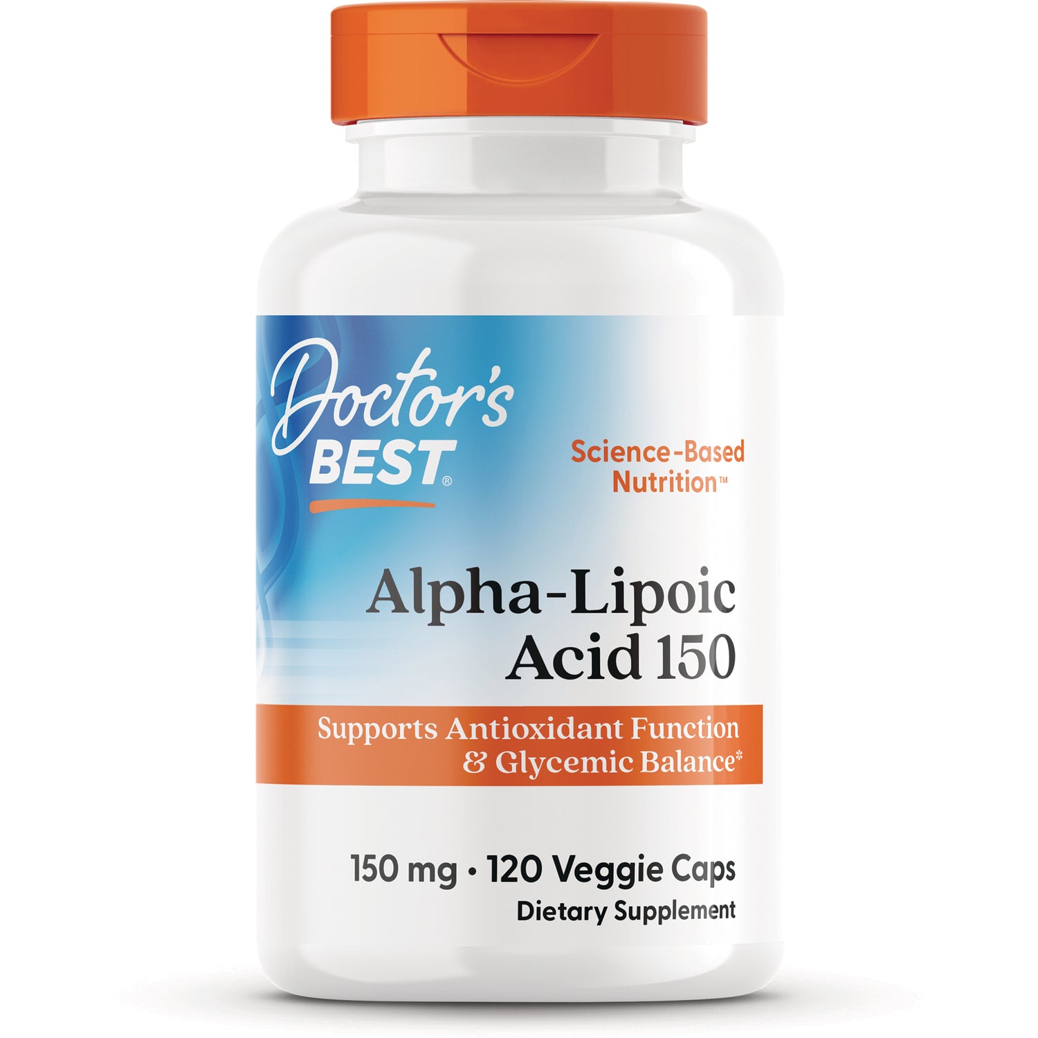 DB125 | Doctor's Best Alpha-Lipoic Acid 150 supplement bottle front label, 150 mg, 120 veggie caps
